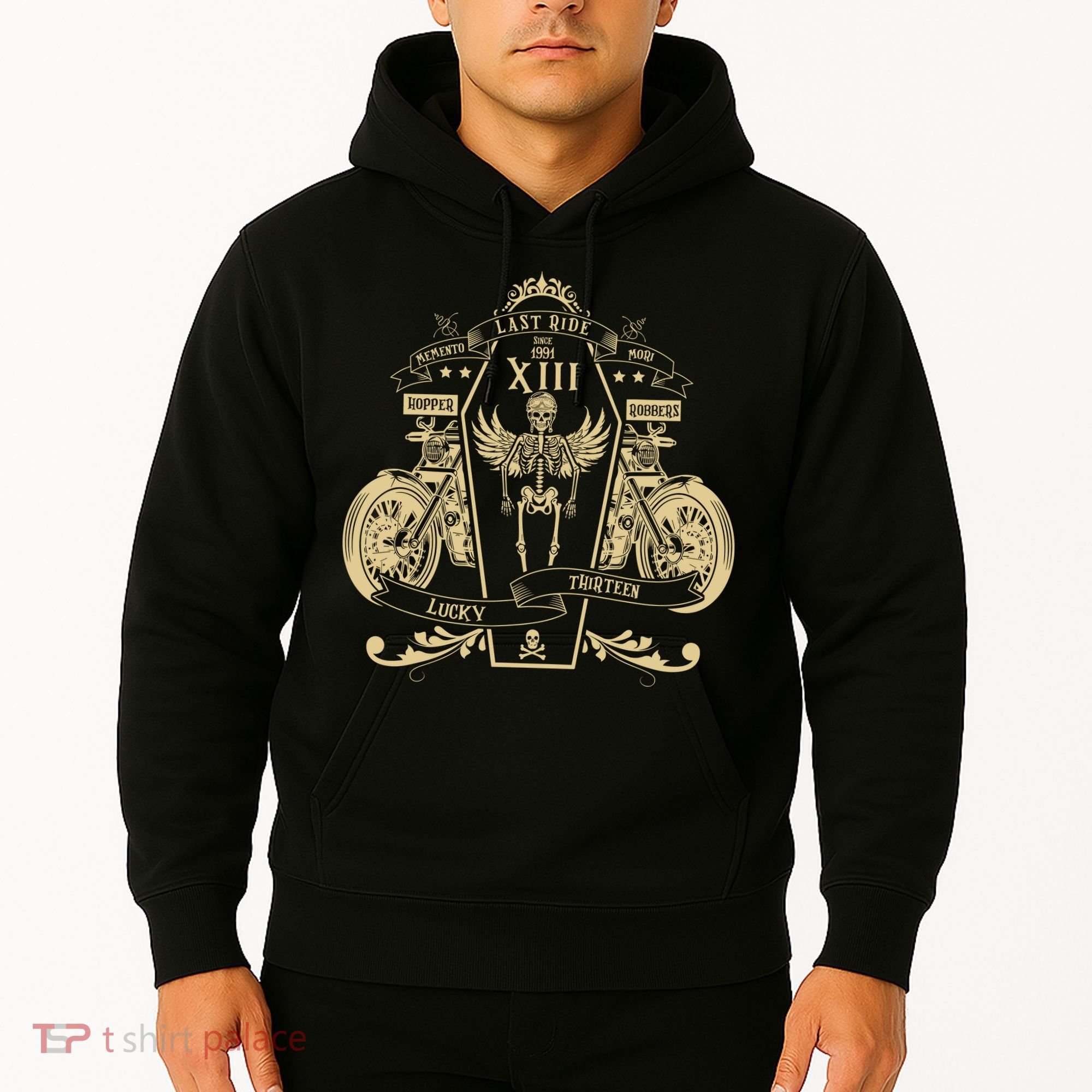 Lucky 13 Thirteen Memento Mori Last Ride Skeleton Biker Hoodie
