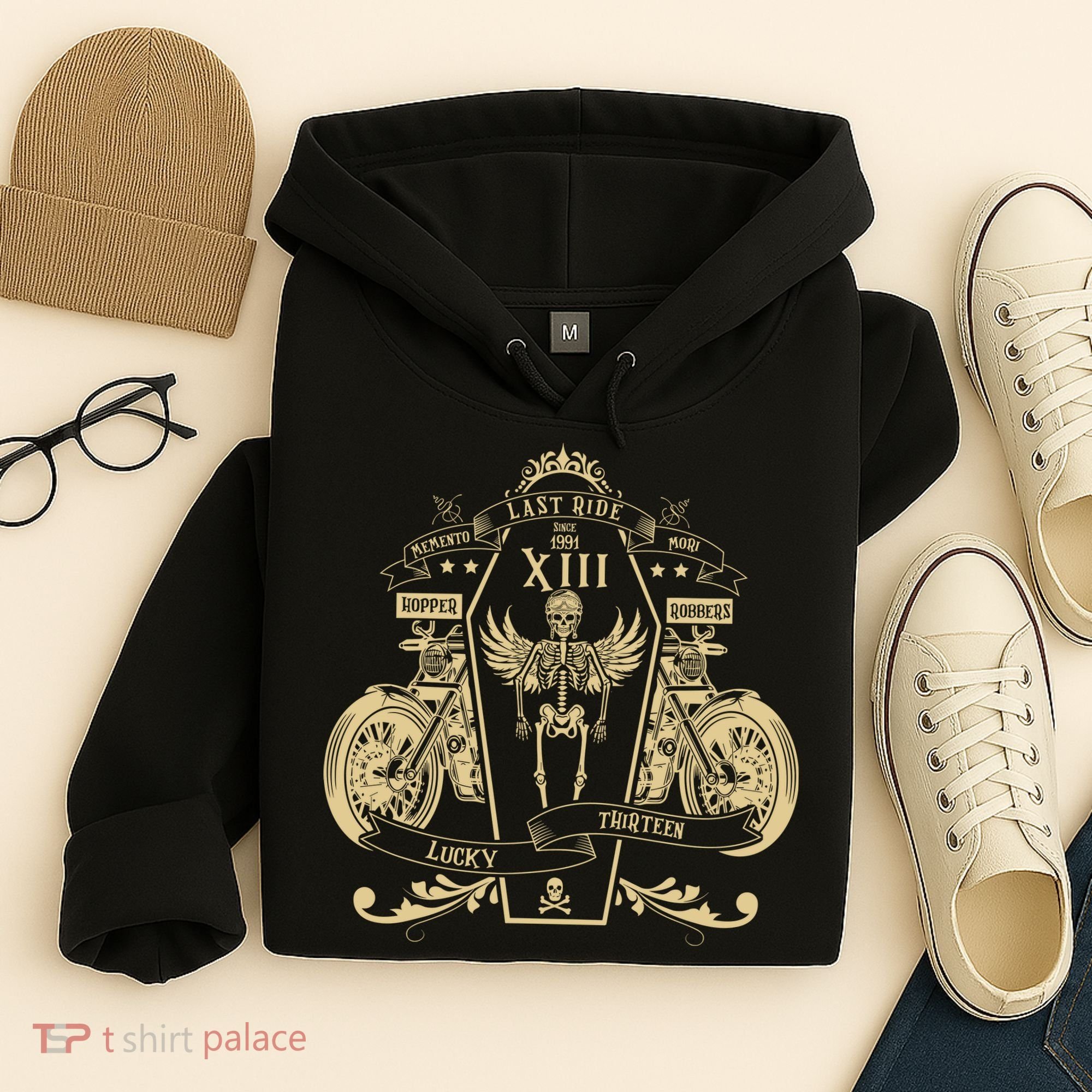 Lucky 13 Thirteen Memento Mori Last Ride Skeleton Biker Hoodie