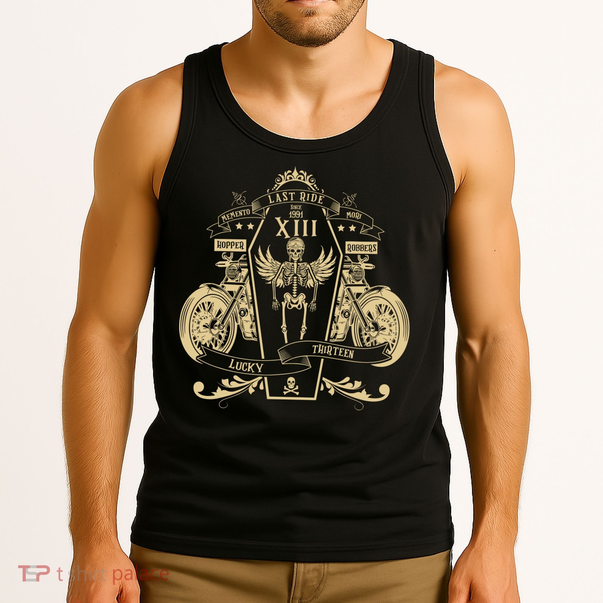 Lucky 13 Thirteen Memento Mori Last Ride Skeleton Biker Tank Top
