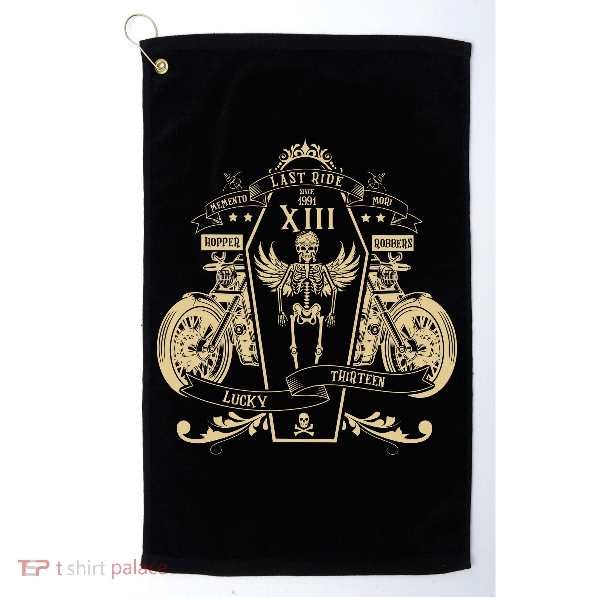 Lucky 13 Thirteen Memento Mori Last Ride Skeleton Biker Golf Towel