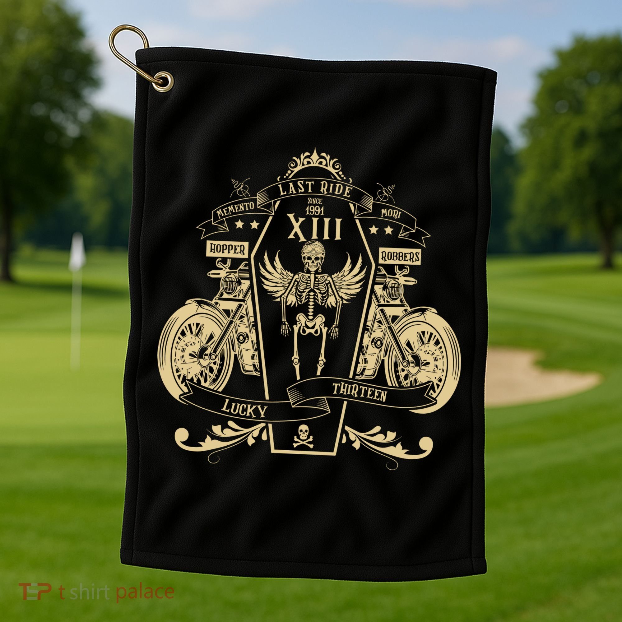 Lucky 13 Thirteen Memento Mori Last Ride Skeleton Biker Golf Towel