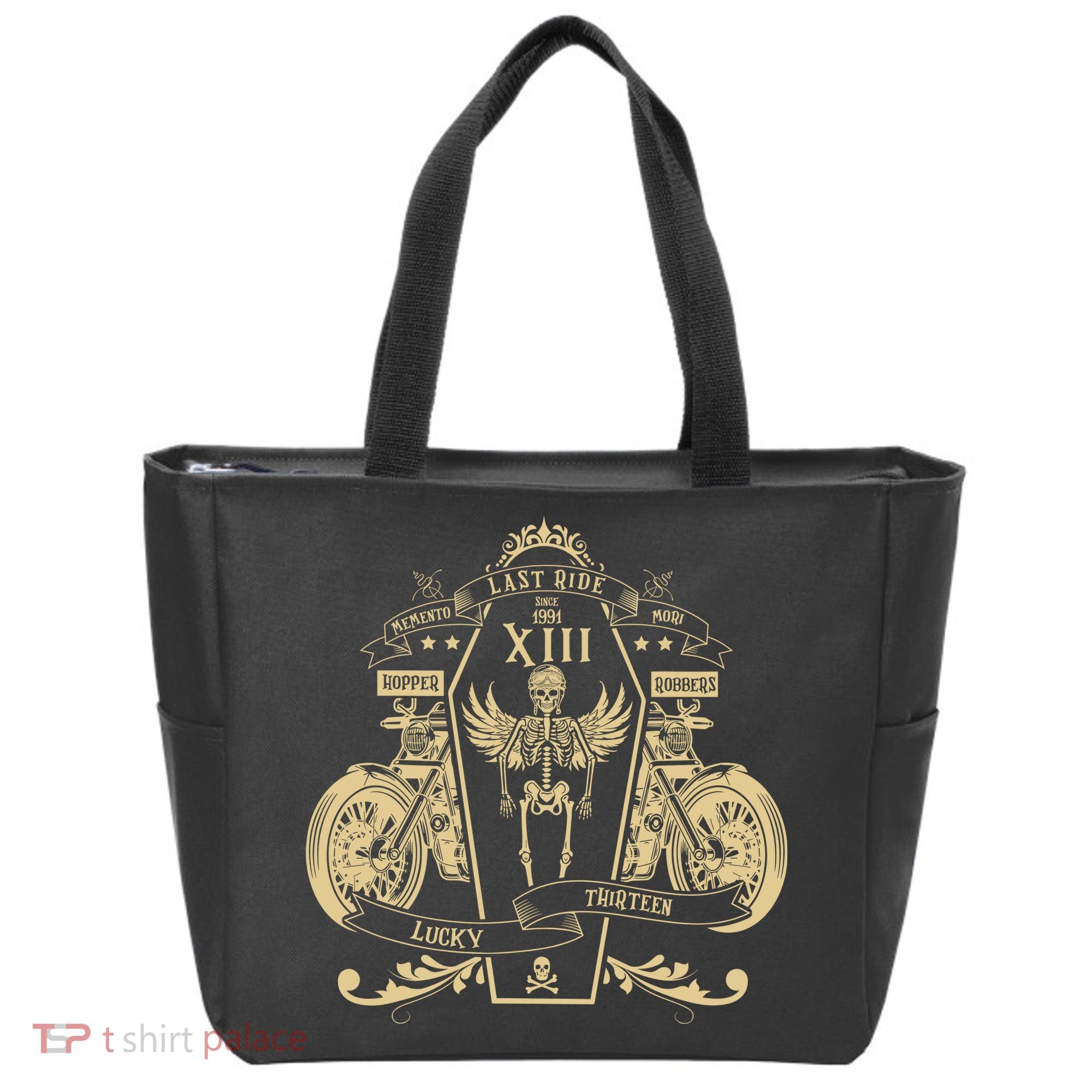 Lucky 13 Thirteen Memento Mori Last Ride Skeleton Biker Tote Bag