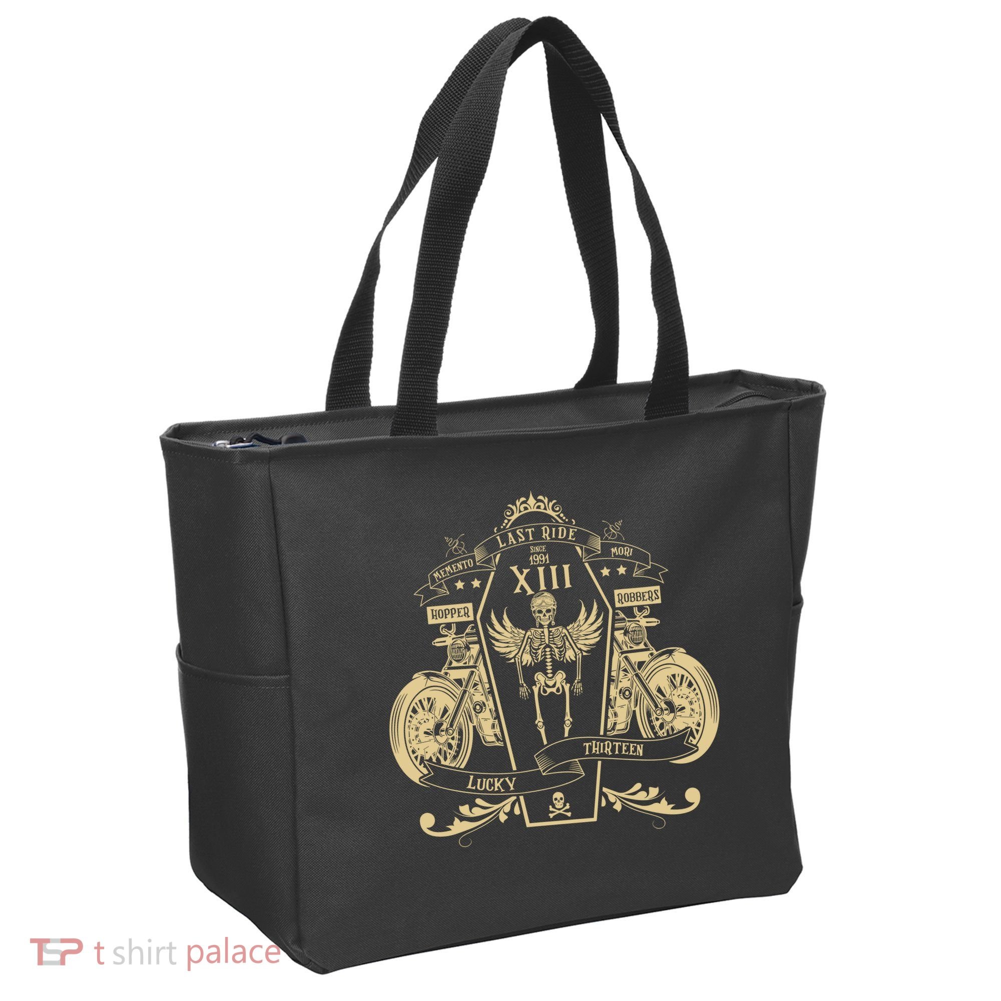 Lucky 13 Thirteen Memento Mori Last Ride Skeleton Biker Tote Bag