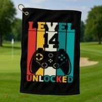 Level 14 Unlocked Video Game 14th Birthday Gamer Gift Golf Towel thumb 1