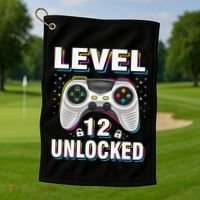 Level 12 Unlocked Boys 12th Birthday 12 Year Old Gamer Golf Towel thumb 1