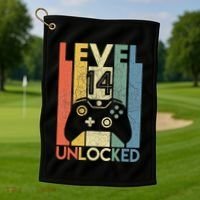 Level 14 Unlocked Funny Video Gamer 14th Birthday Gift Golf Towel thumb 1