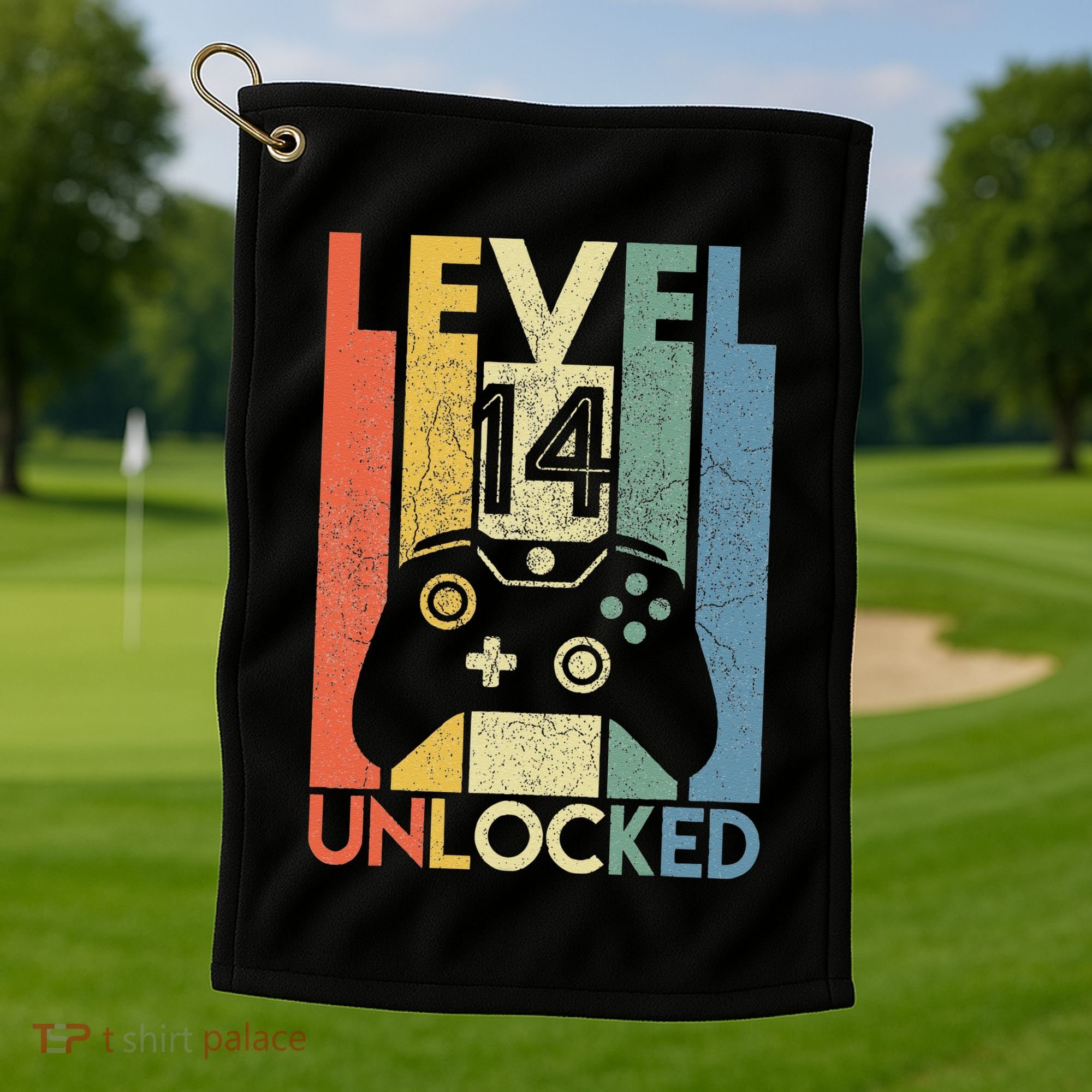 Level 14 Unlocked Funny Video Gamer 14th Birthday Gift Golf Towel