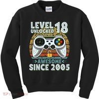 Level 18 Unlocked Awesome 2005 Funny Gamer 18th Birthday Kids Sweatshirt thumb 0