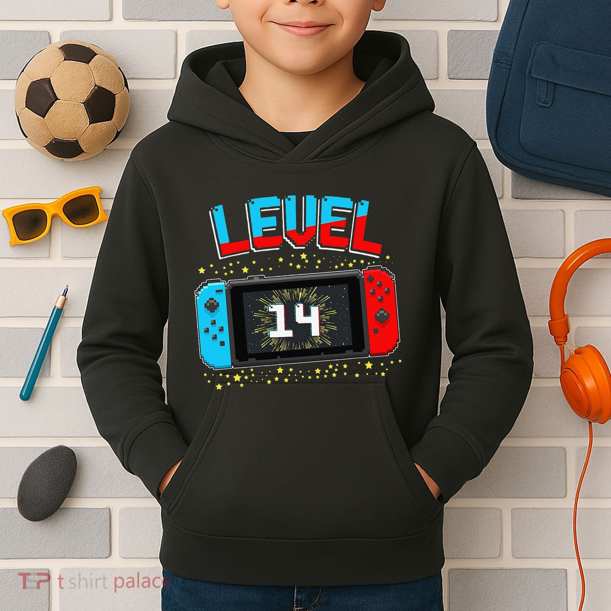 Level 14 Unlocked Gamer 14th Birthday Gift Video Game Lovers Cute Kids Hoodie