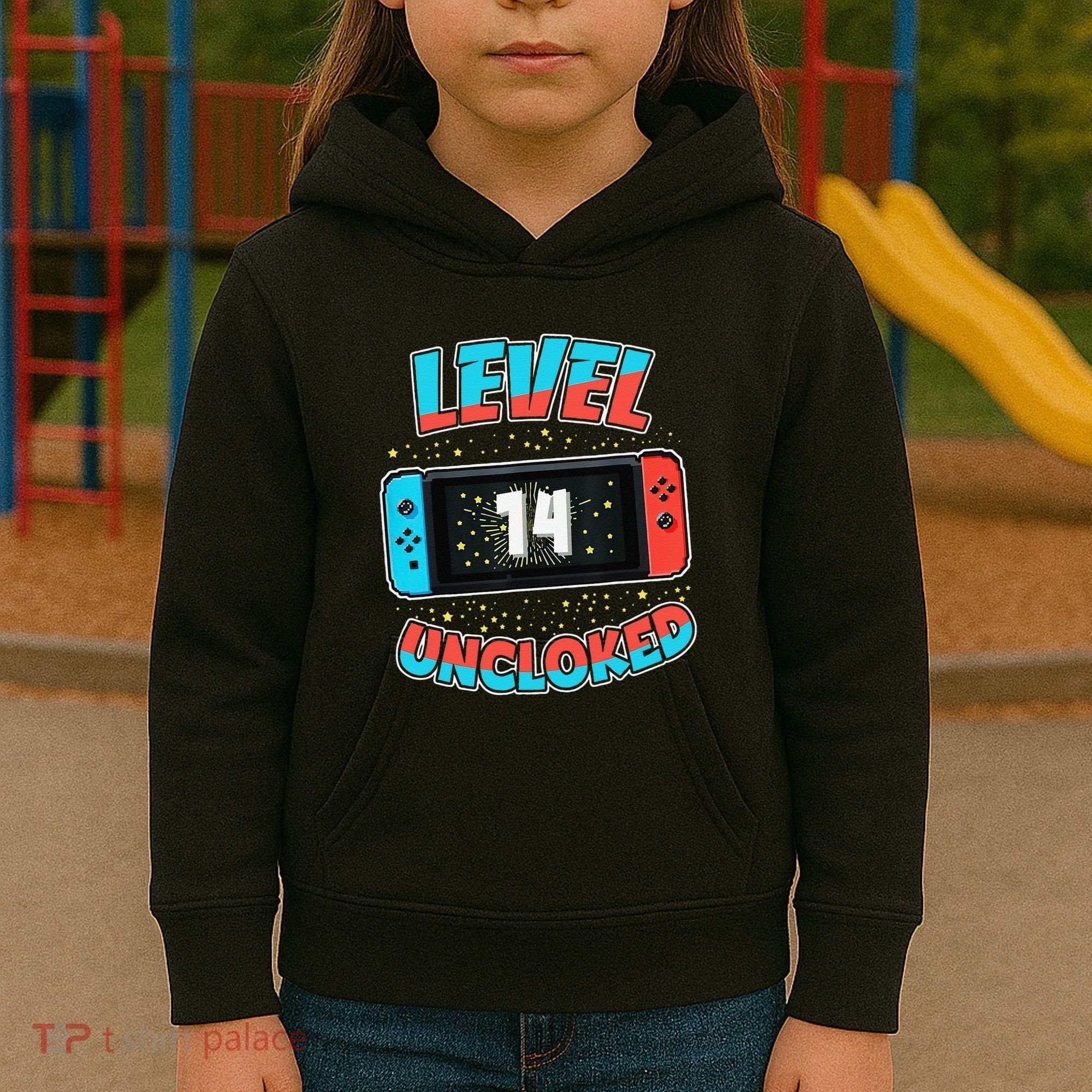 Level 14 Unlocked Gamer 14th Birthday Gift Video Game Lovers Kids Hoodie