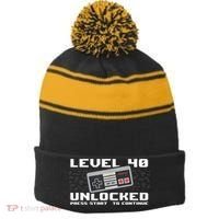 Level 40 Complete 1981 Gamer 40th Birthday Stripe Pom Pom Beanie thumb 0