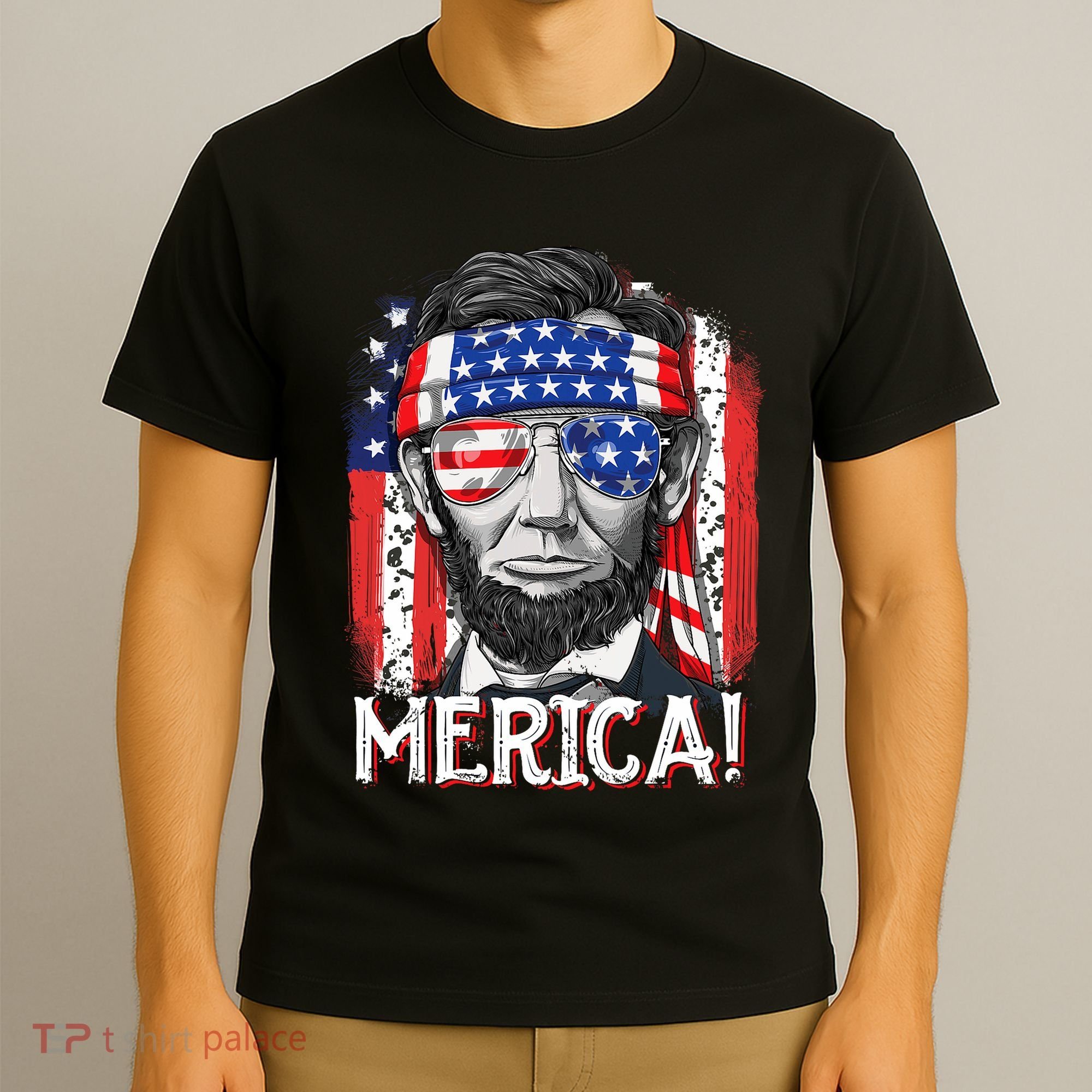 Lincoln 4th Of July Merica Abe American Flag T-Shirt