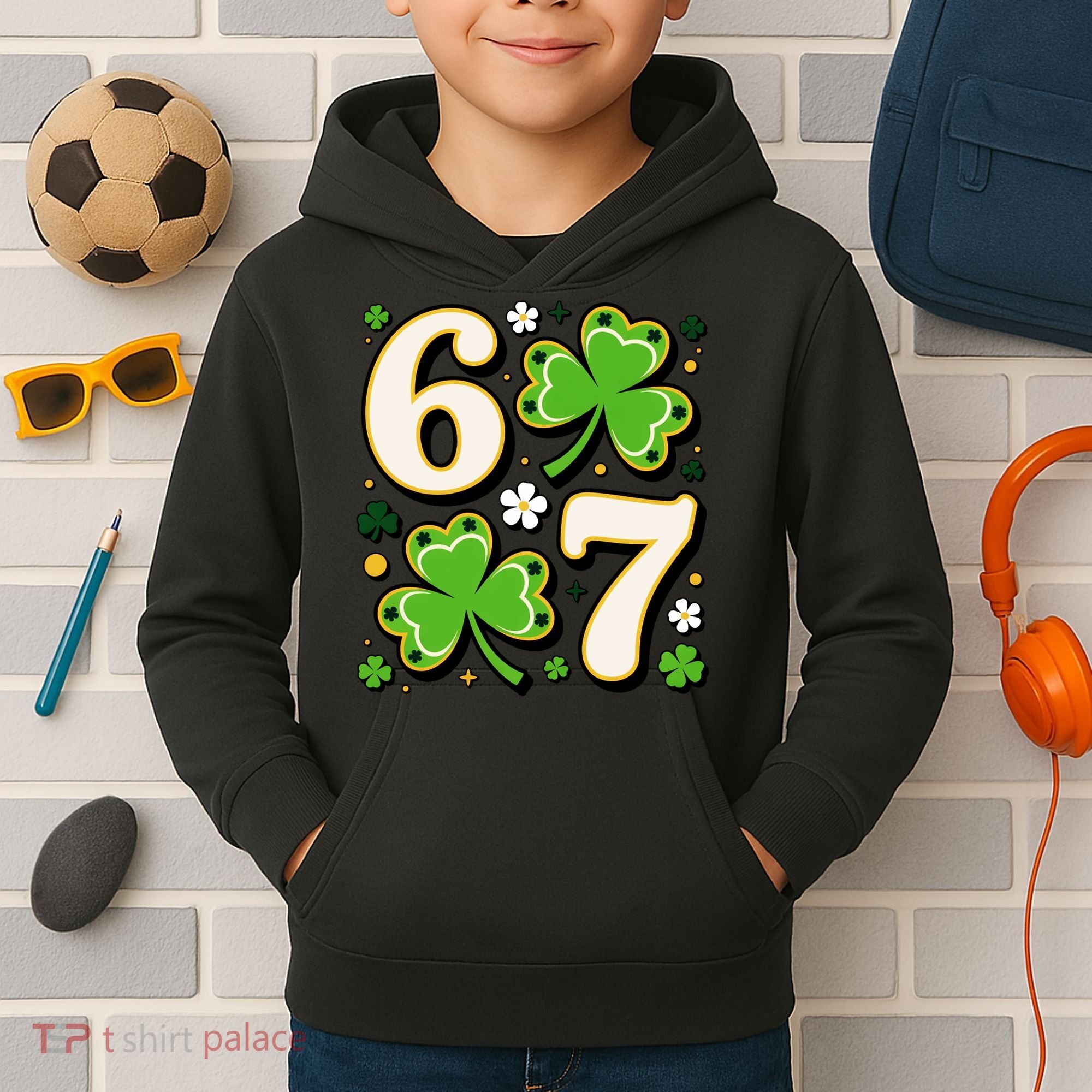 Lucky 67 Shamrock Six Seven 6-7 Meme Kids Hoodie