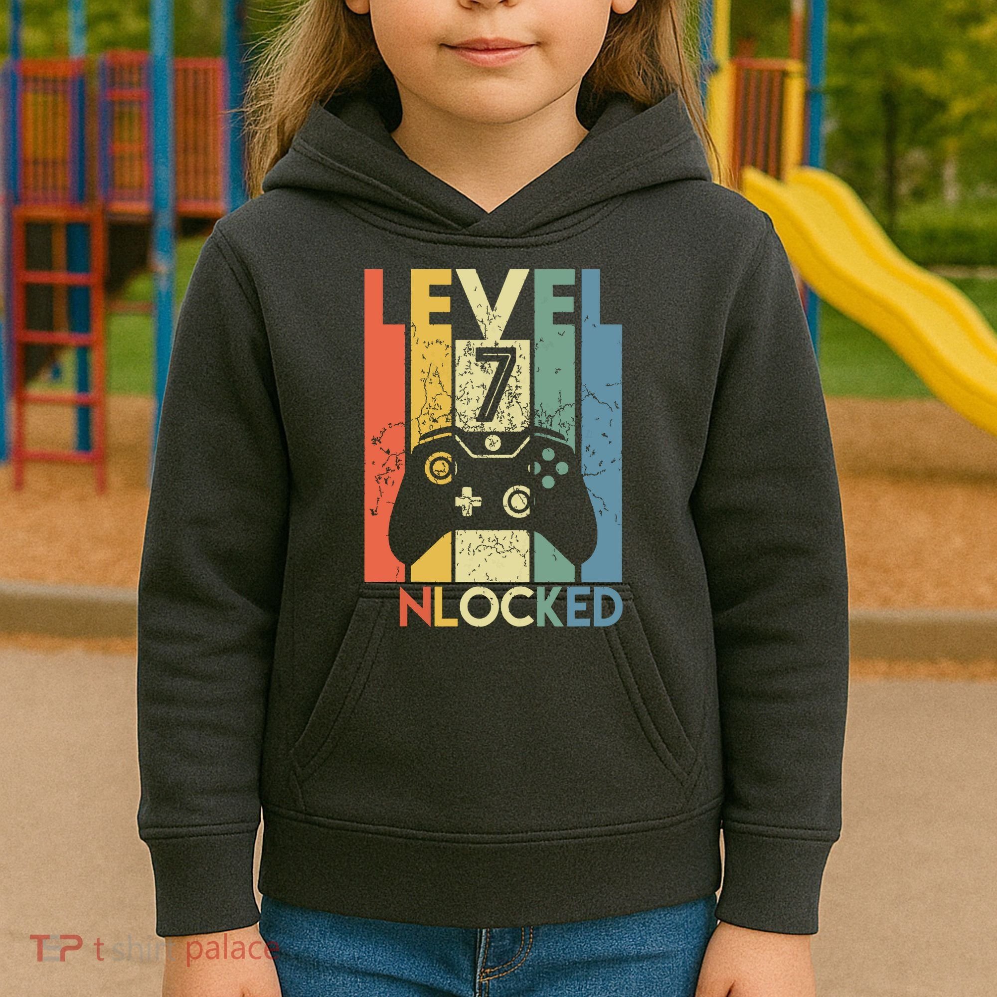 Level 7 Unlocked Funny Video Gamer 7th Birthday Gift Kids Hoodie