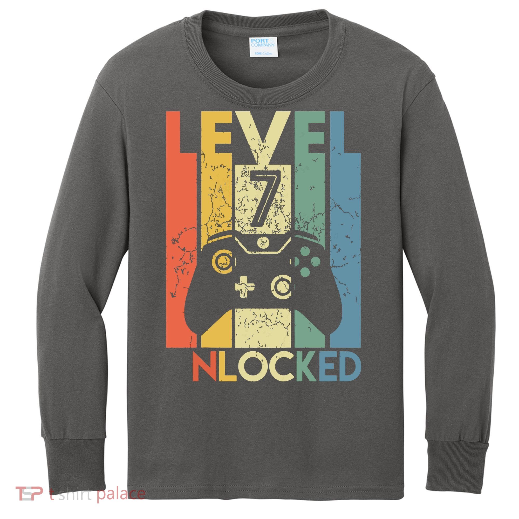 Level 7 Unlocked Funny Video Gamer 7th Birthday Gift Kids Long Sleeve Shirt