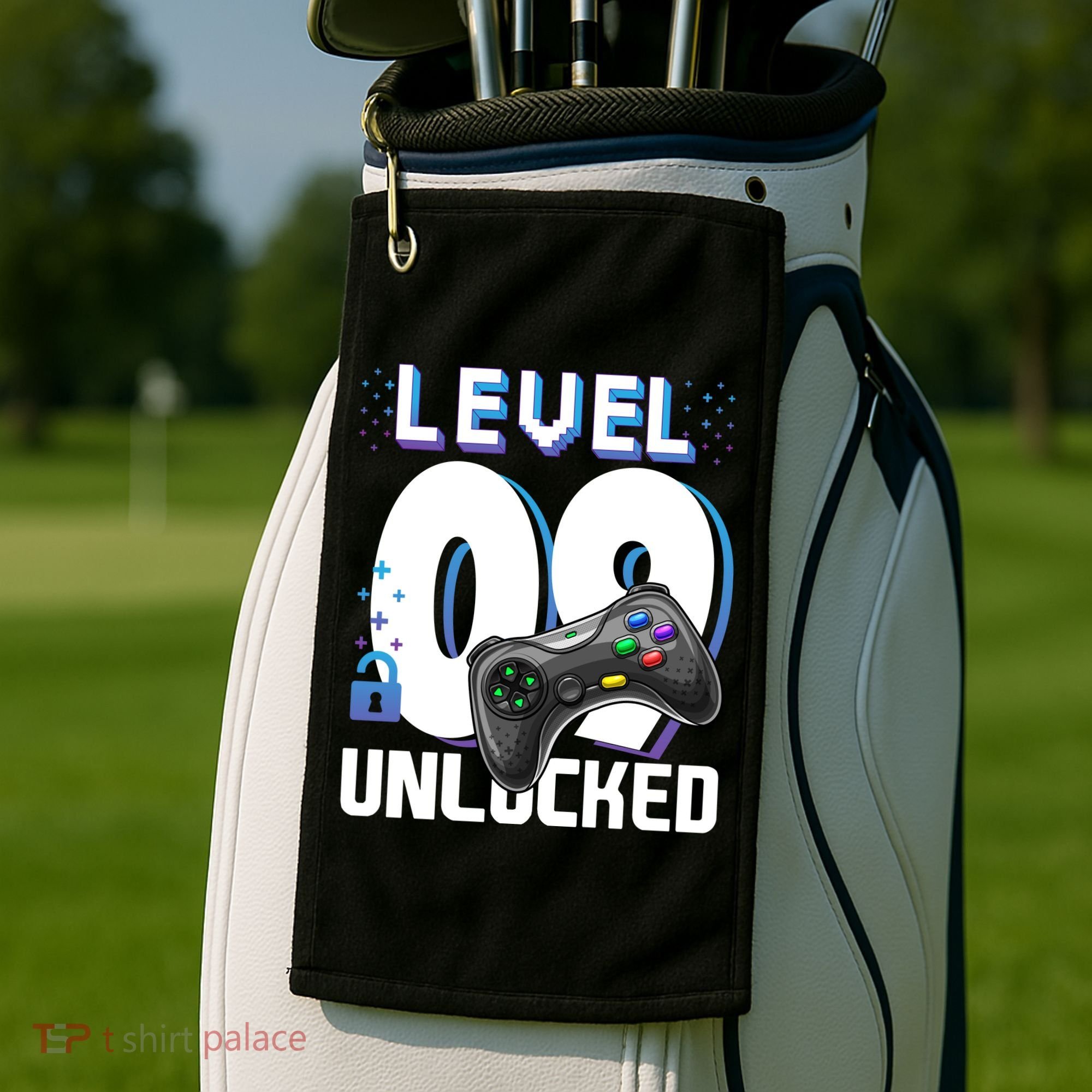 Level 9 Unlocked Funny Video Gamer 9th Birthday Gift For Gamers Golf Towel