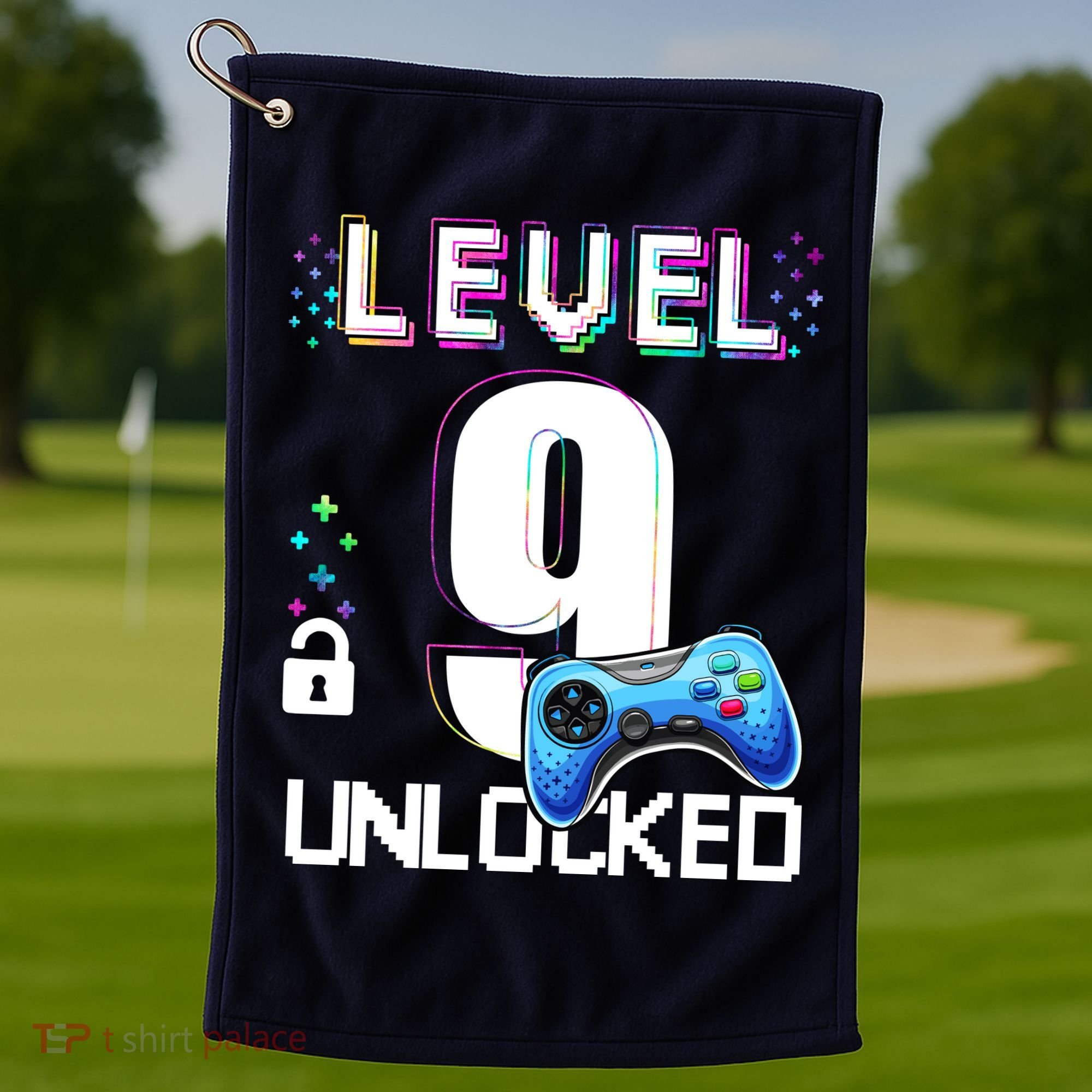 Level 9 Unlocked Video Game 9th Birthday Boy Gamer Golf Towel