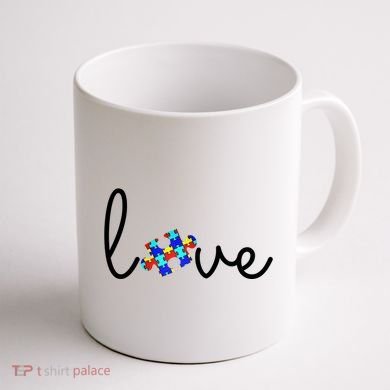 Love Autism Awareness Puzzle Piece Coffee Mug back