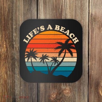 Lifes A Beach Retro Sunset Palm Tree Coaster