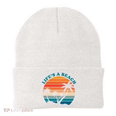 Lifes A Beach Retro Sunset Palm Tree Beanie