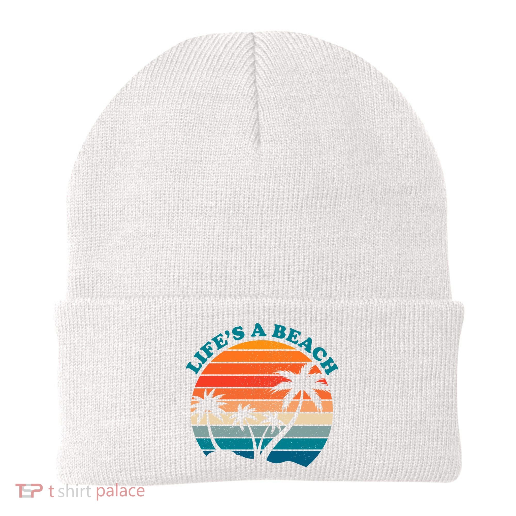 Lifes A Beach Retro Sunset Palm Tree Beanie