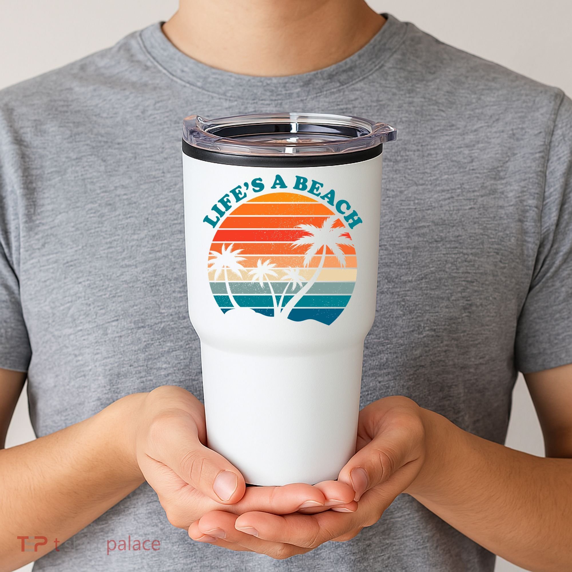 Lifes A Beach Retro Sunset Palm Tree Tumbler