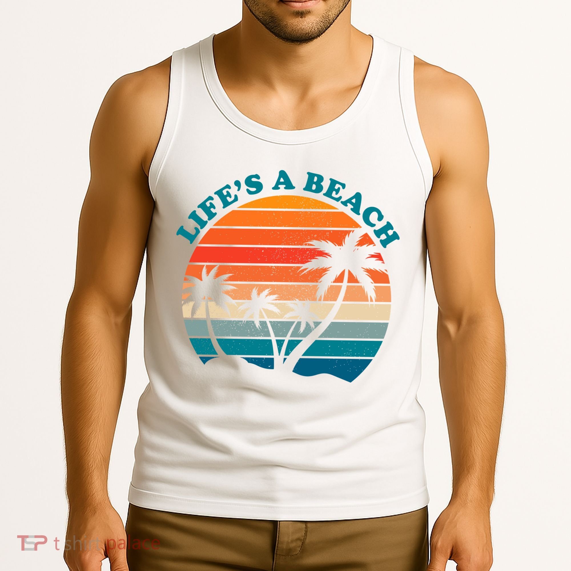 Lifes A Beach Retro Sunset Palm Tree Tank Top