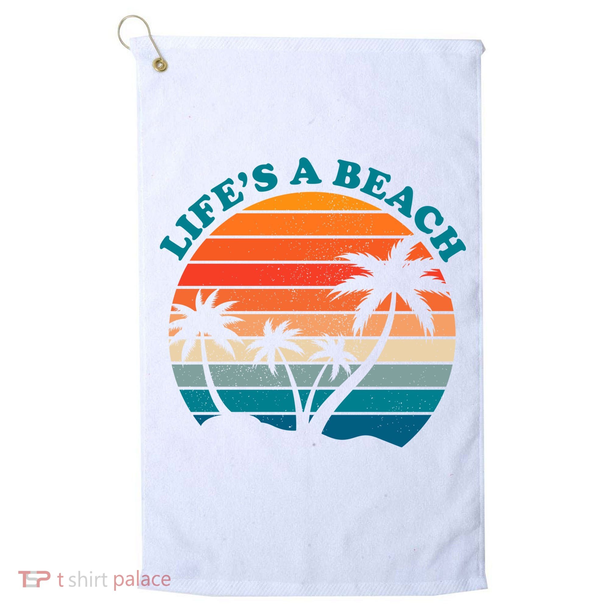 Lifes A Beach Retro Sunset Palm Tree Golf Towel