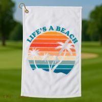 Lifes A Beach Retro Sunset Palm Tree Golf Towel thumb 1