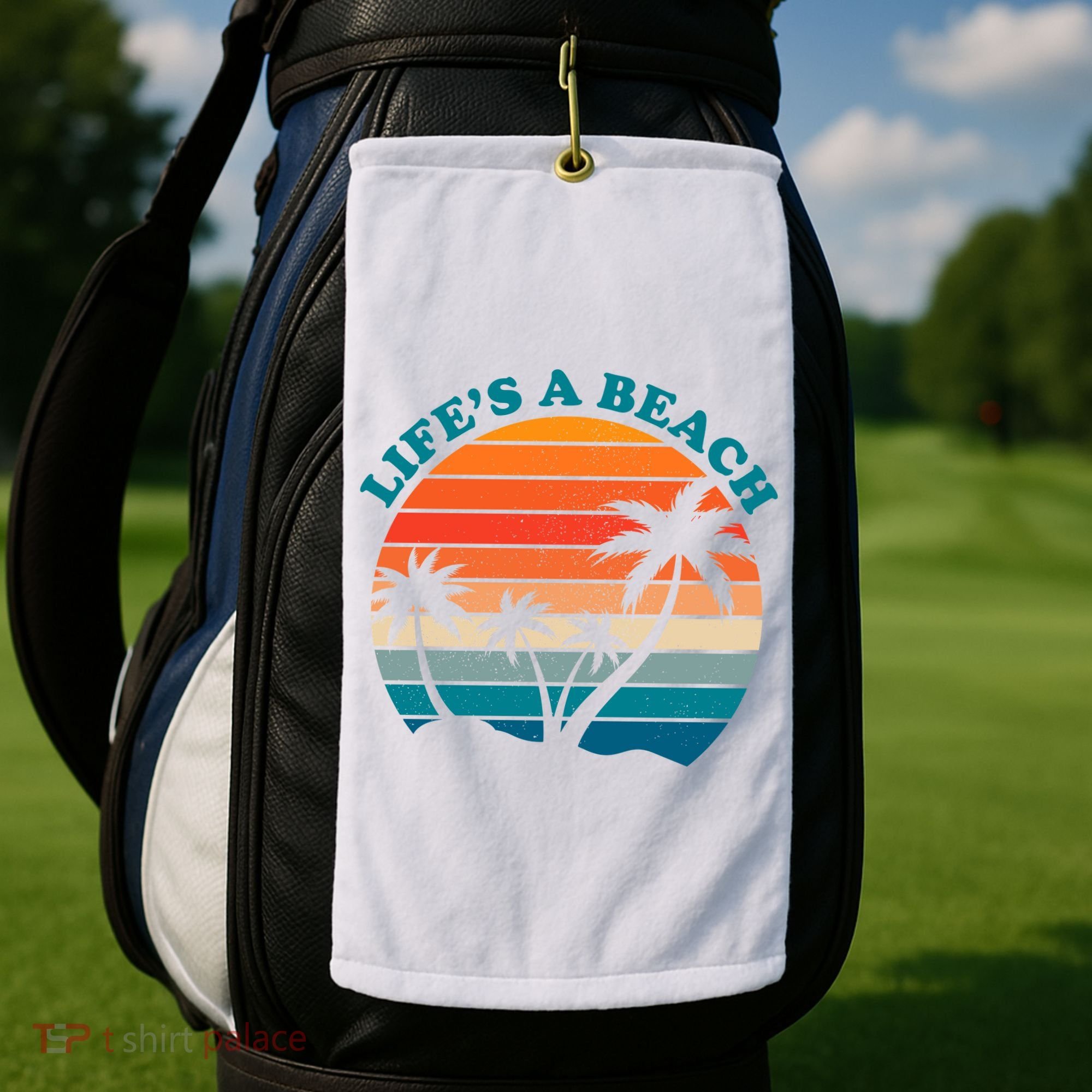 Lifes A Beach Retro Sunset Palm Tree Golf Towel