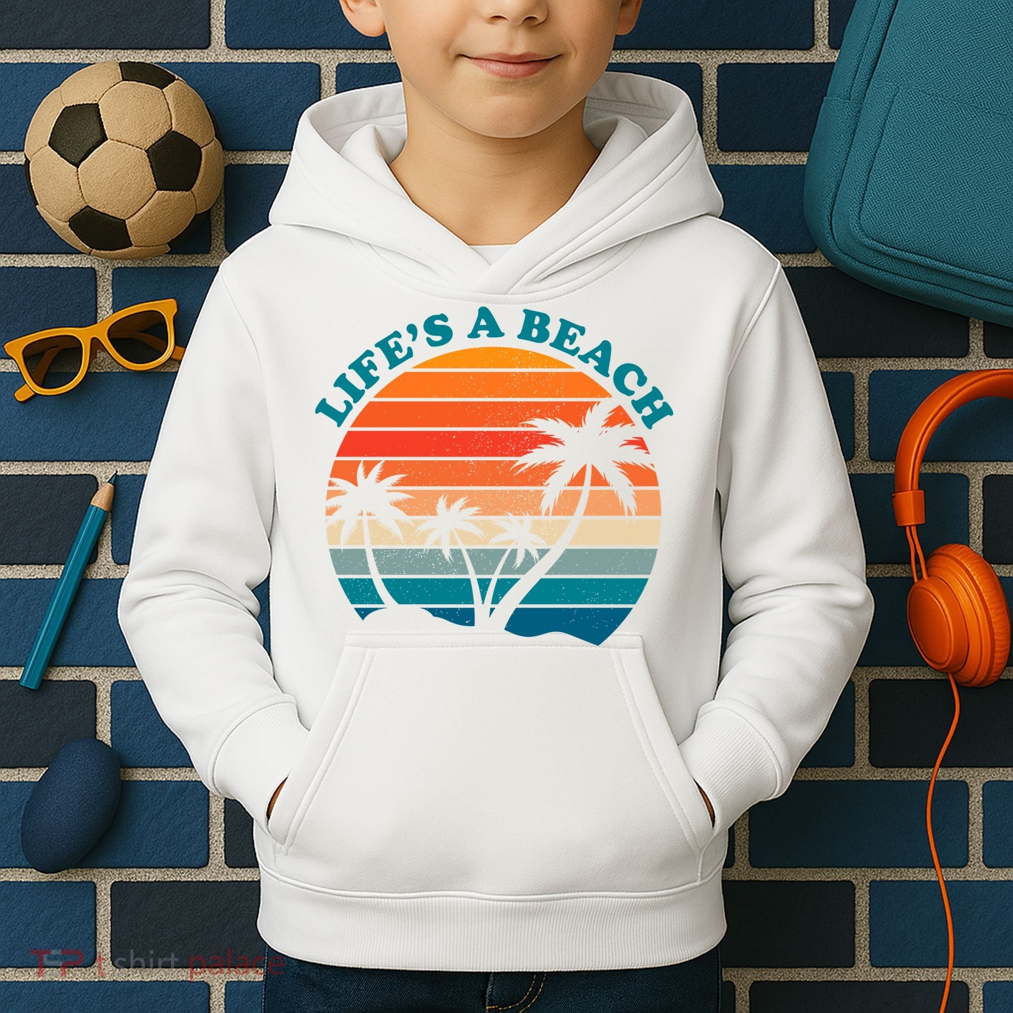 Lifes A Beach Retro Sunset Palm Tree Kids Hoodie