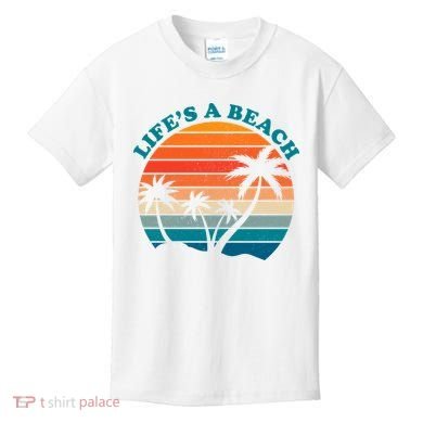 Lifes A Beach Retro Sunset Palm Tree Kids T-Shirt