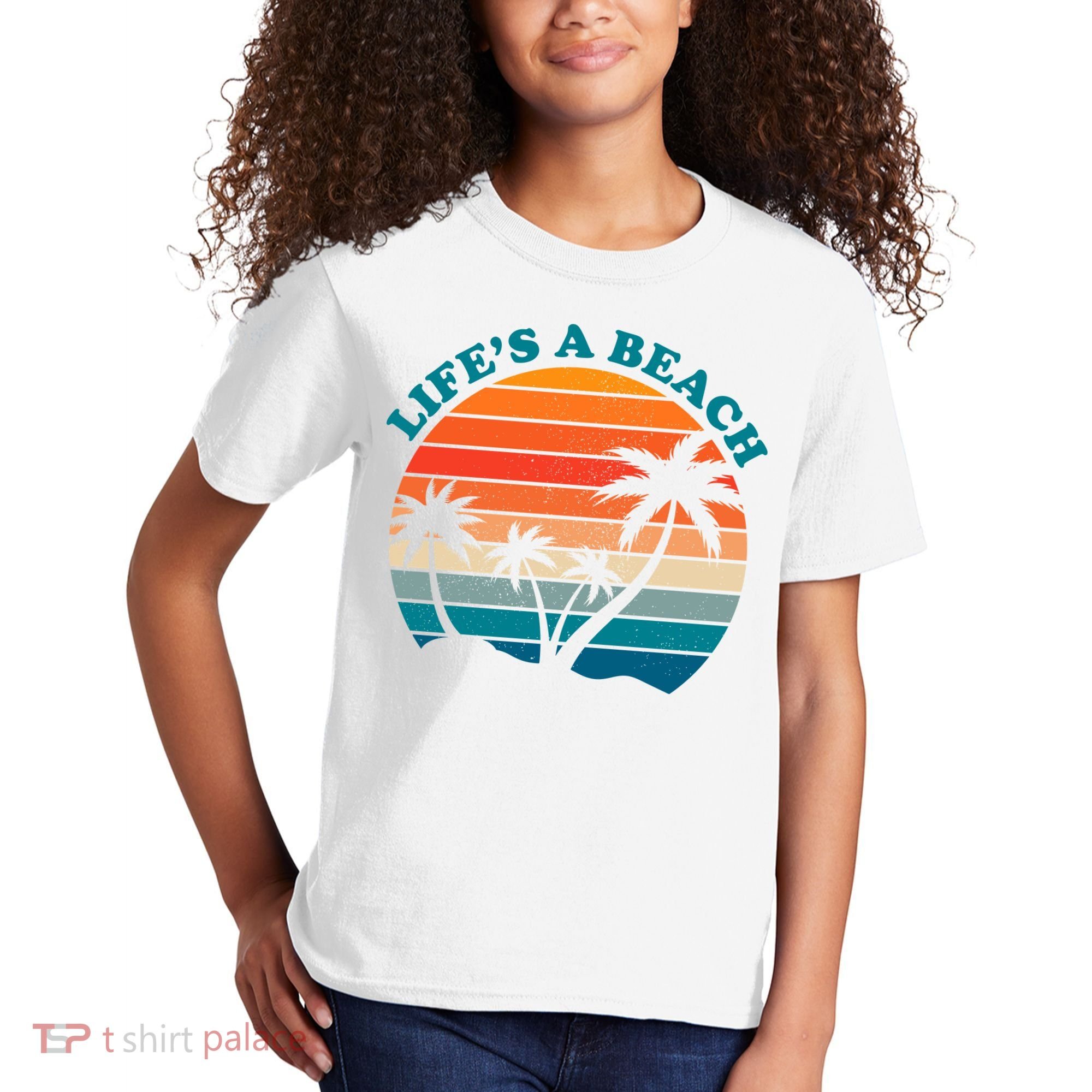 Lifes A Beach Retro Sunset Palm Tree Kids T-Shirt
