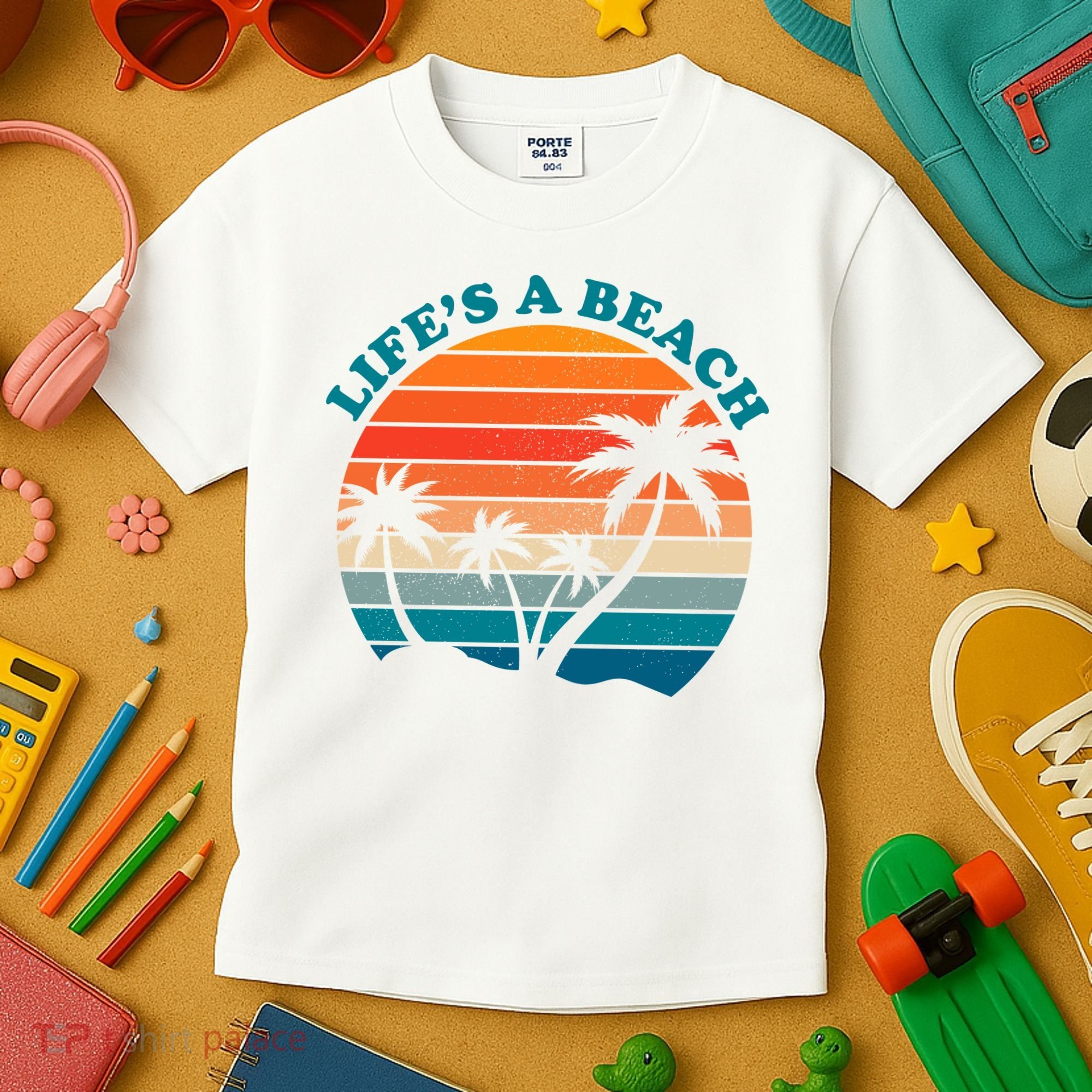 Lifes A Beach Retro Sunset Palm Tree Kids T-Shirt