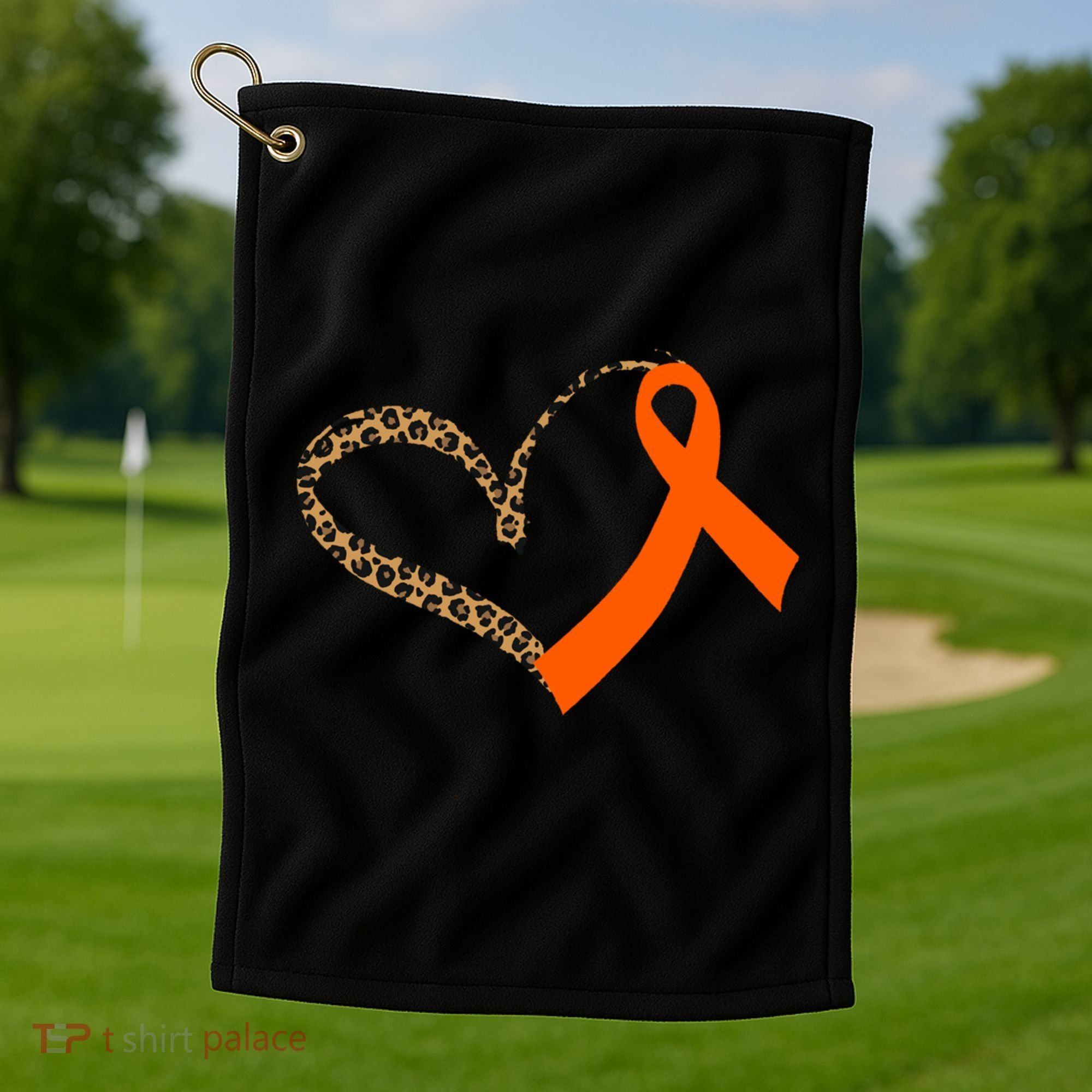 Leukemia Awareness Cancer Leopard Print Heart Orange Ribbon Gift Golf Towel
