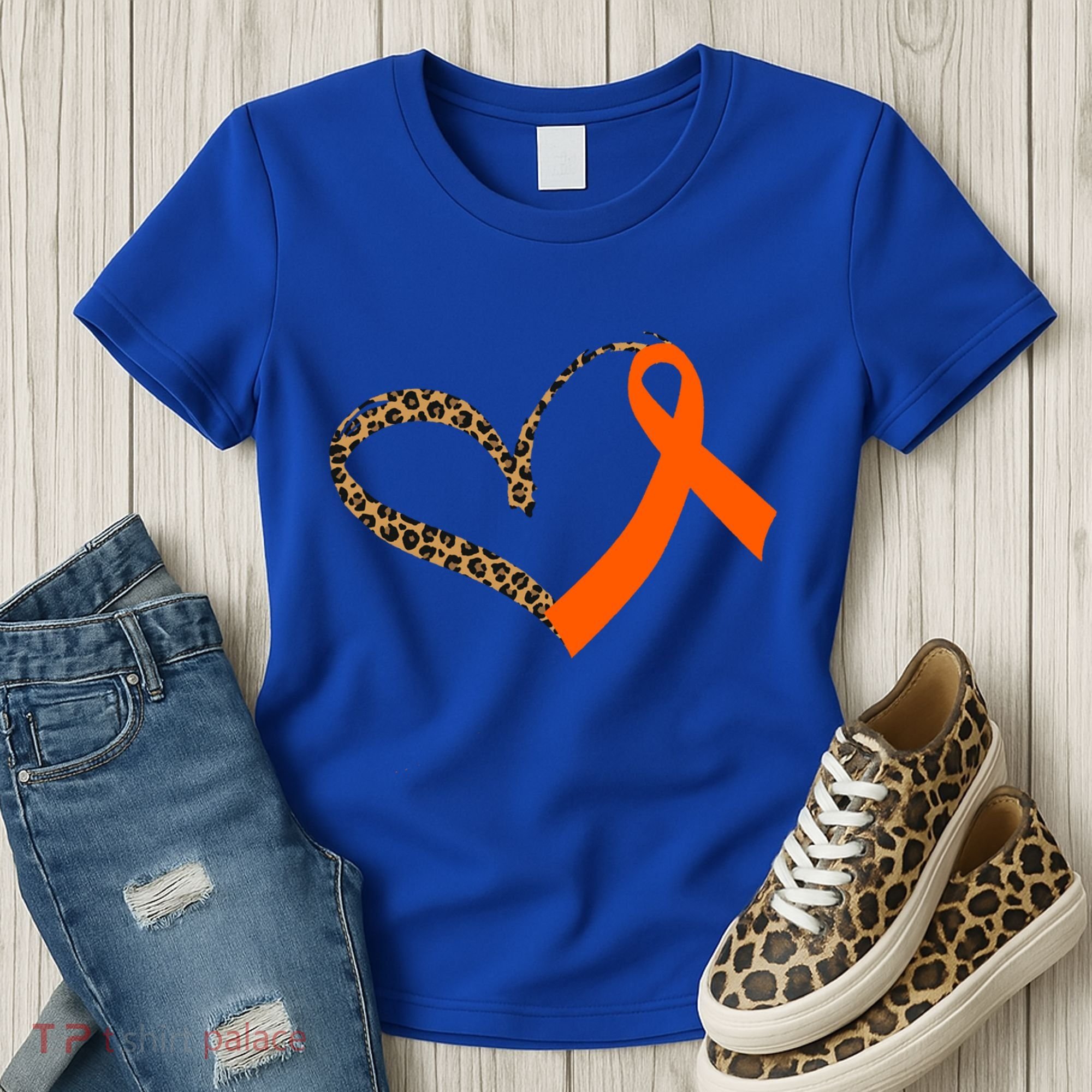 Leukemia Awareness Cancer Leopard Print Heart Orange Ribbon Meaningful Gift Women's T-Shirt