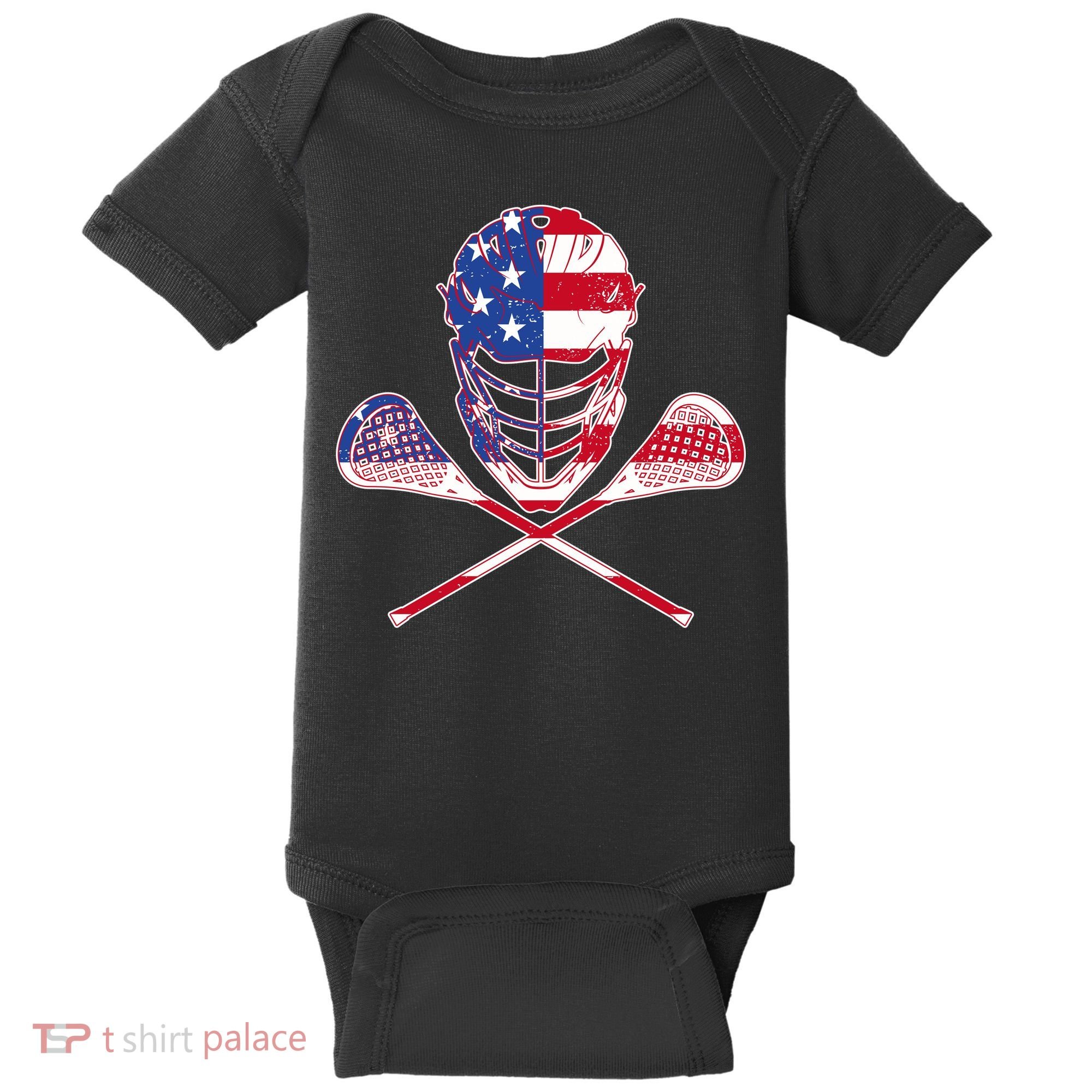 Lacrosse Sport Fan USA American Flag Baby Bodysuit