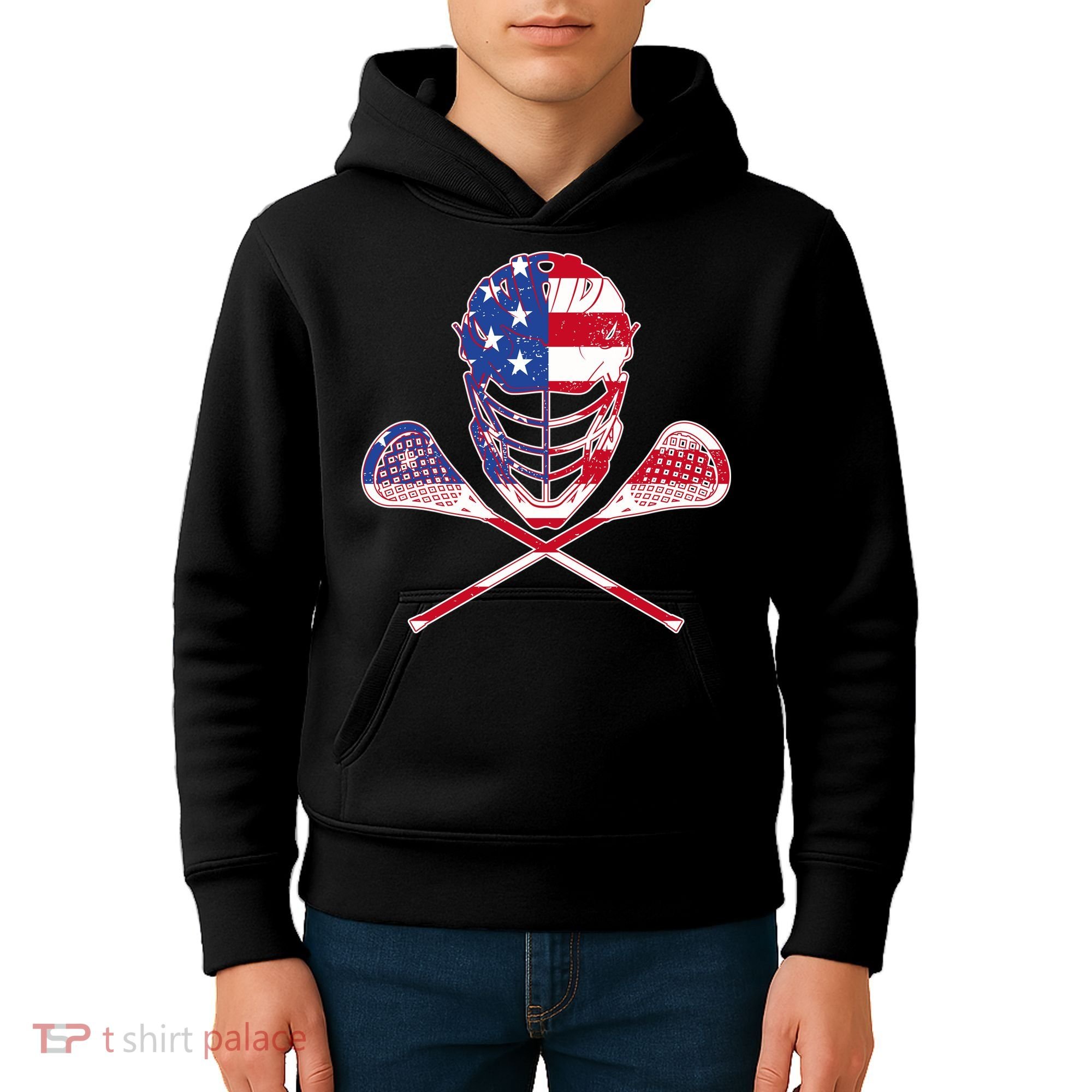 Lacrosse Sport Fan USA American Flag Kids Hoodie