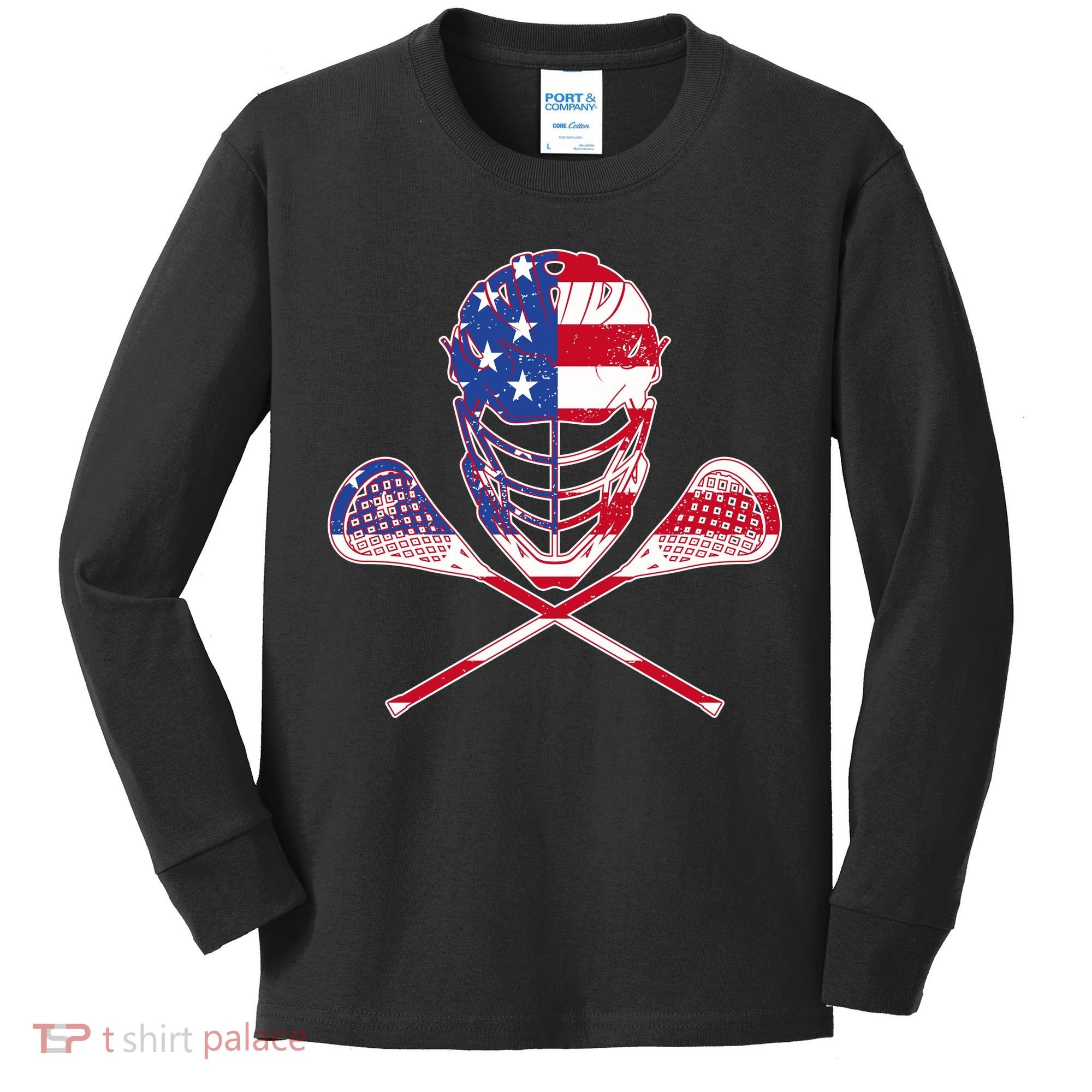 Lacrosse Sport Fan USA American Flag Kids Long Sleeve Shirt
