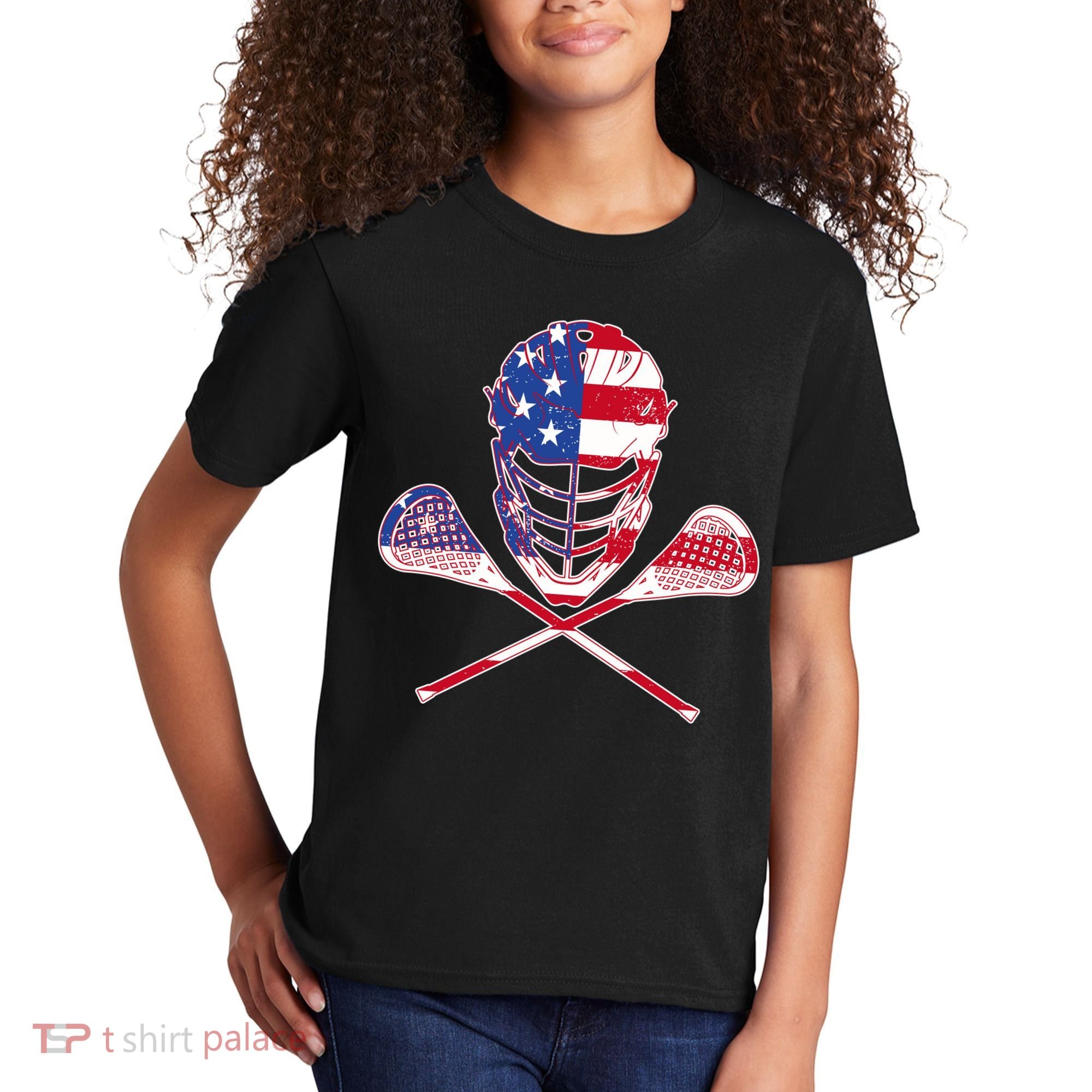 Lacrosse Sport Fan USA American Flag Kids T-Shirt