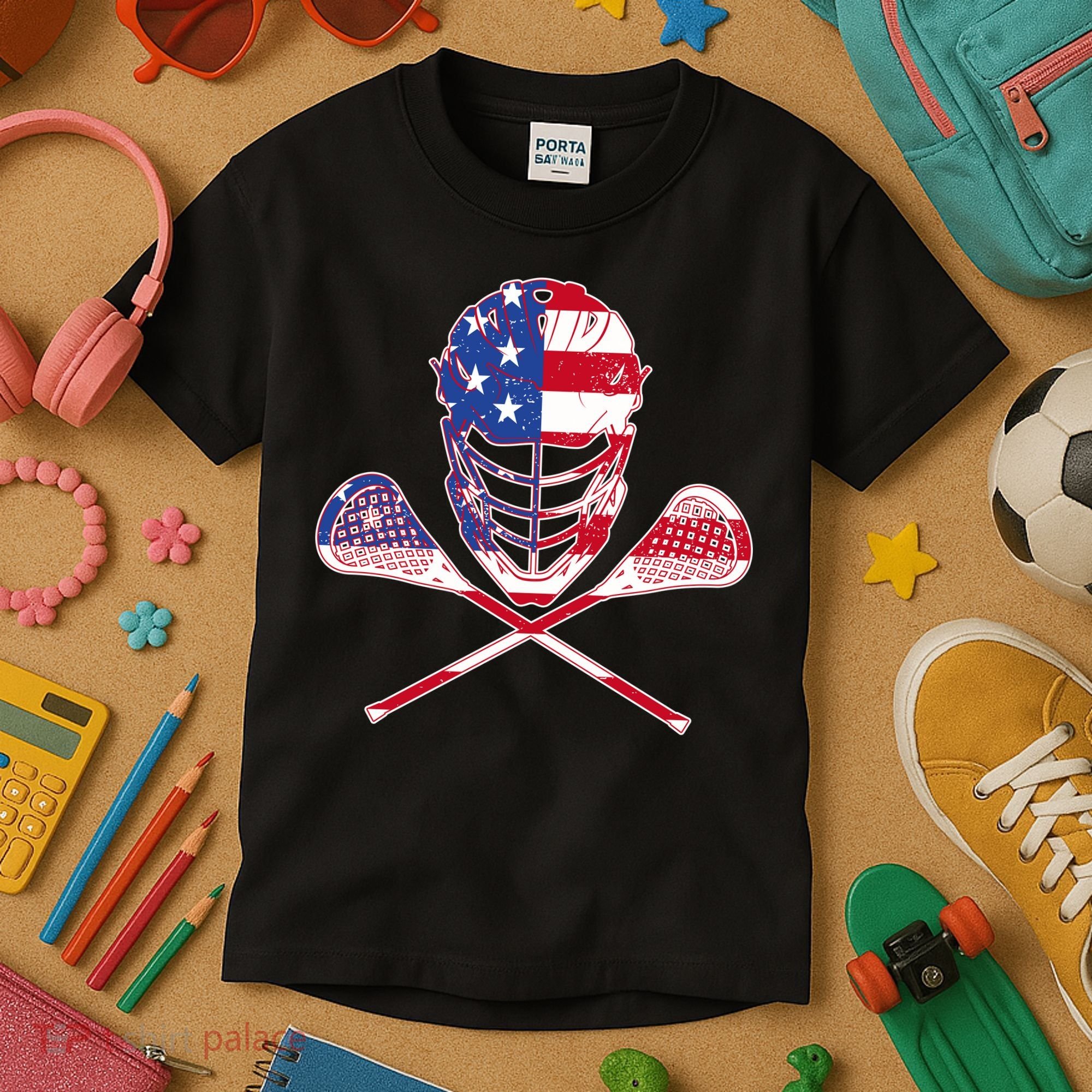 Lacrosse Sport Fan USA American Flag Kids T-Shirt