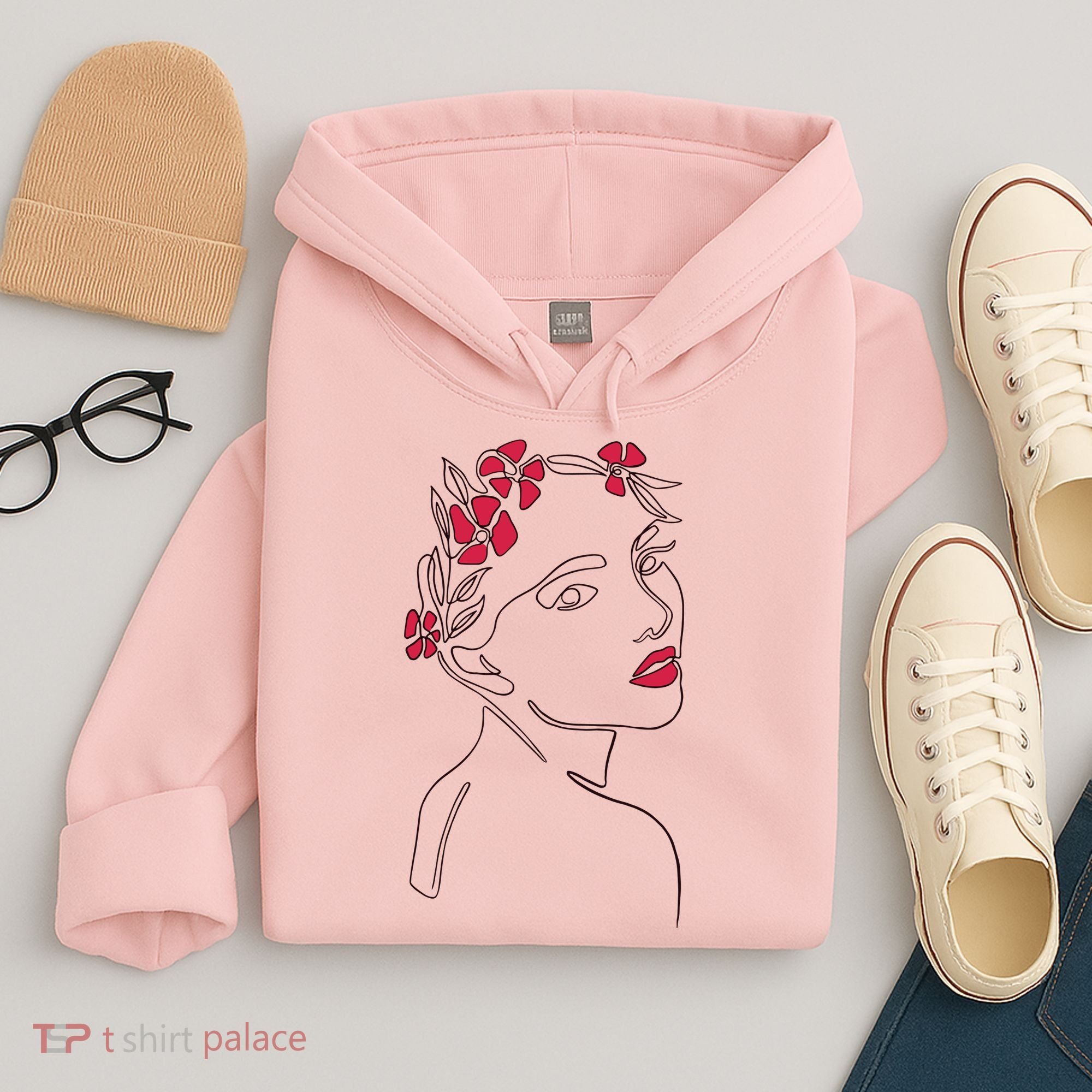 Lady Floral Outline Illustration Hoodie