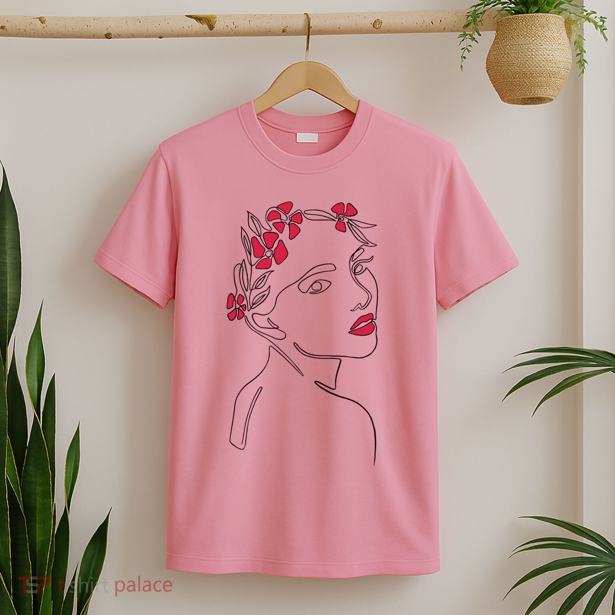 Lady Floral Outline Illustration T-Shirt