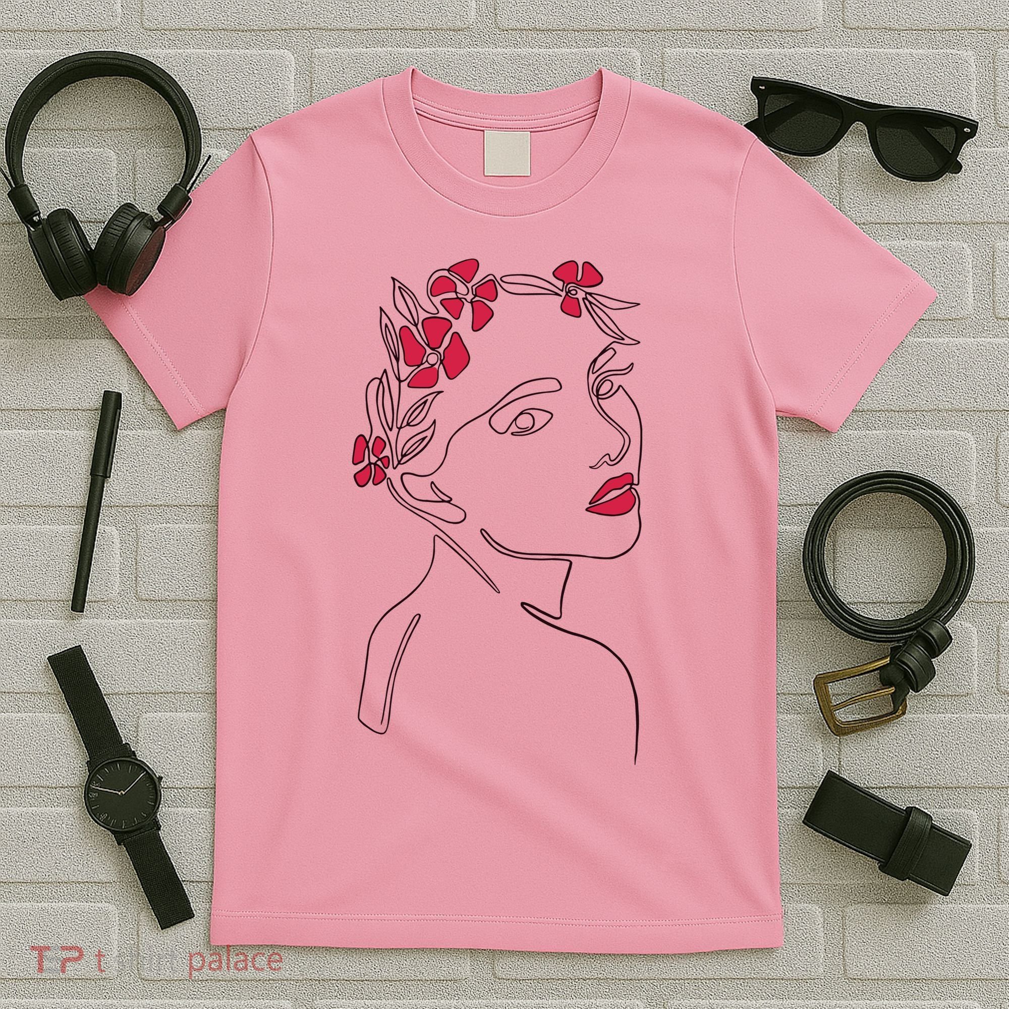 Lady Floral Outline Illustration T-Shirt