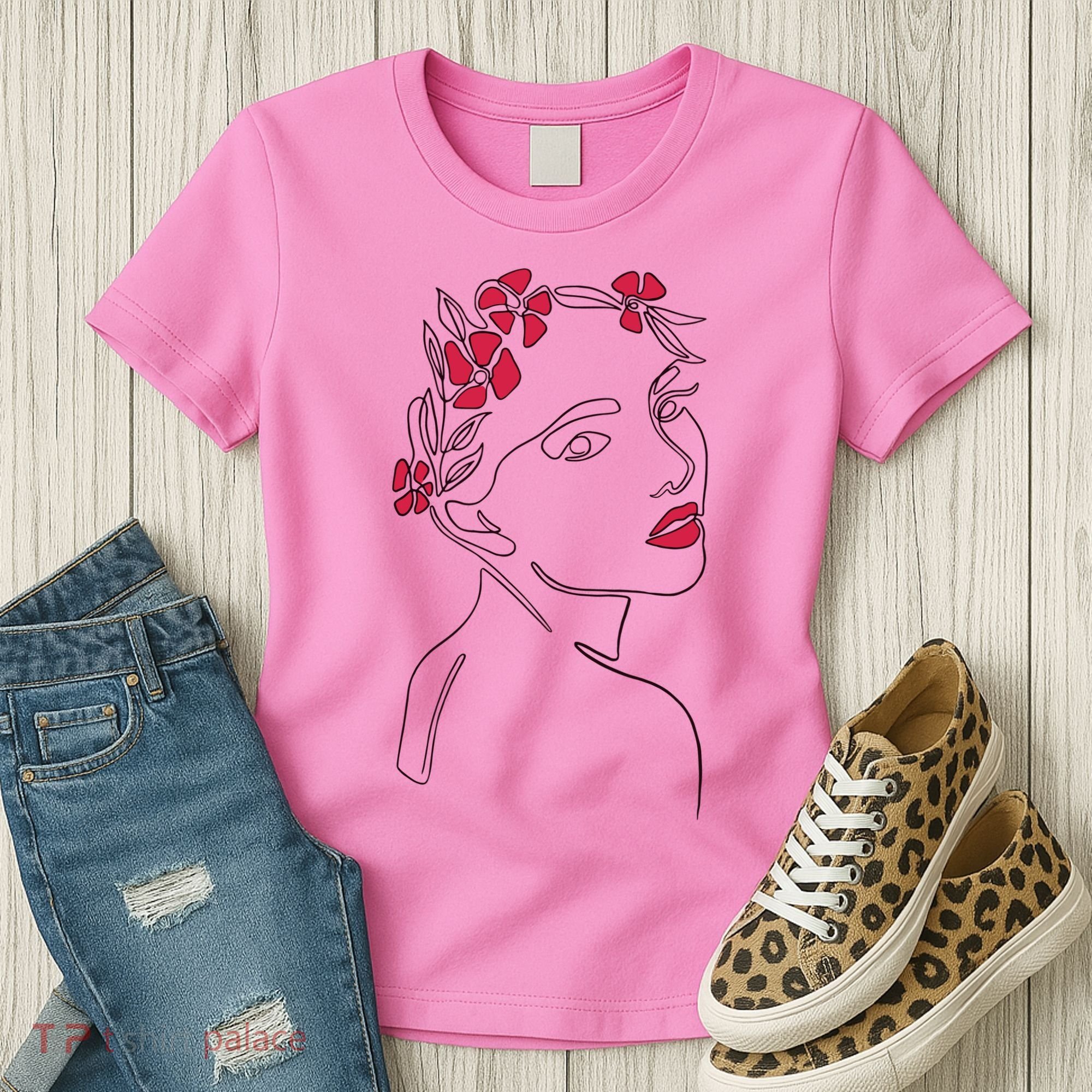 Lady Floral Outline Illustration Women's T-Shirt
