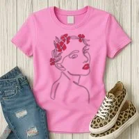 Lady Floral Outline Illustration Women's T-Shirt thumb 3