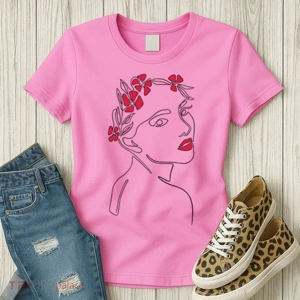 Lady Floral Outline Illustration Women's T-Shirt