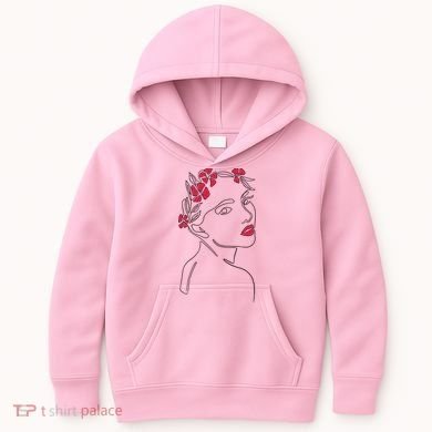 Lady Floral Outline Illustration Kids Hoodie