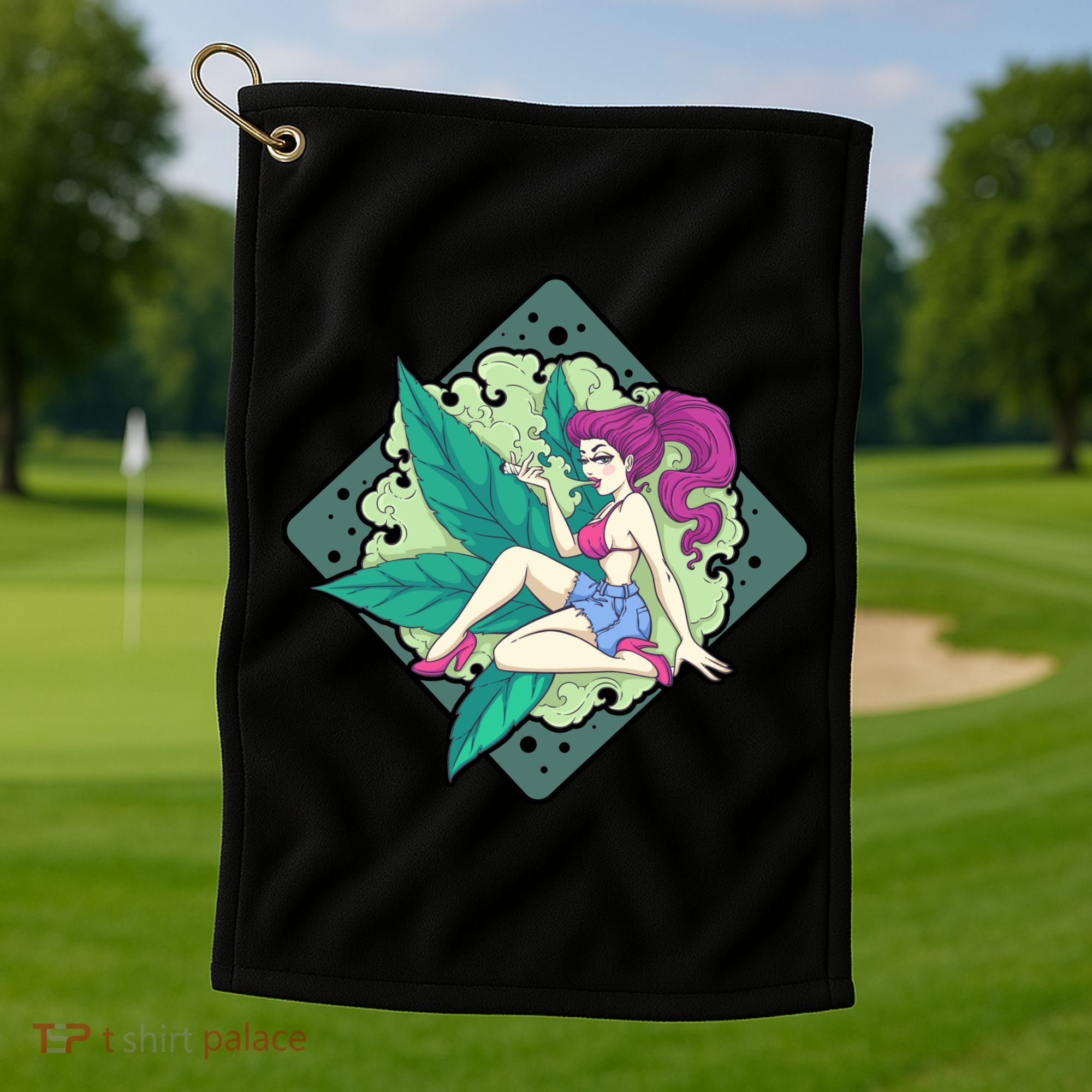 Lady Smoking Cannabis Diamond Golf Towel
