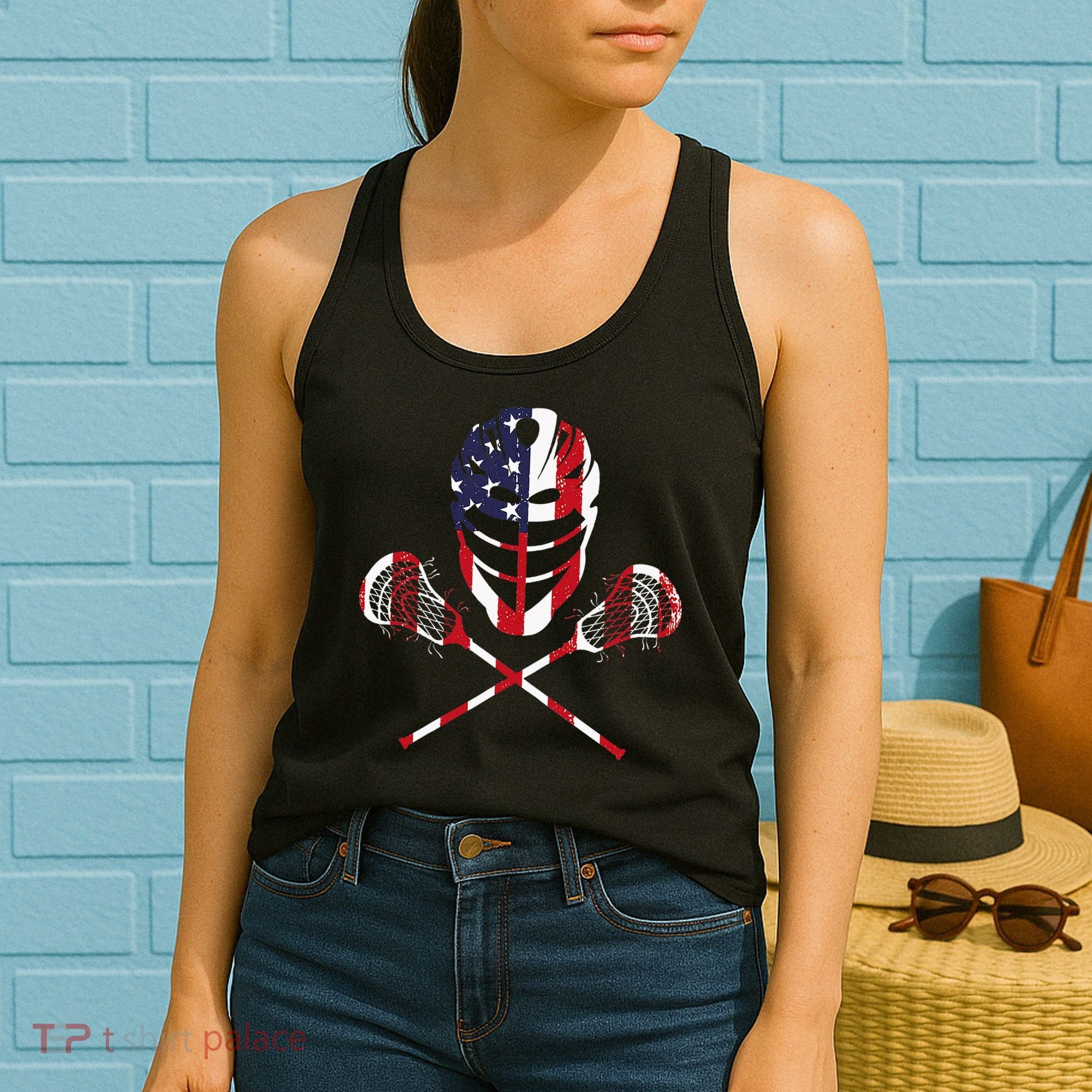 Lacrosse American Flag Lax Helmet Sticks Women's Tank Top